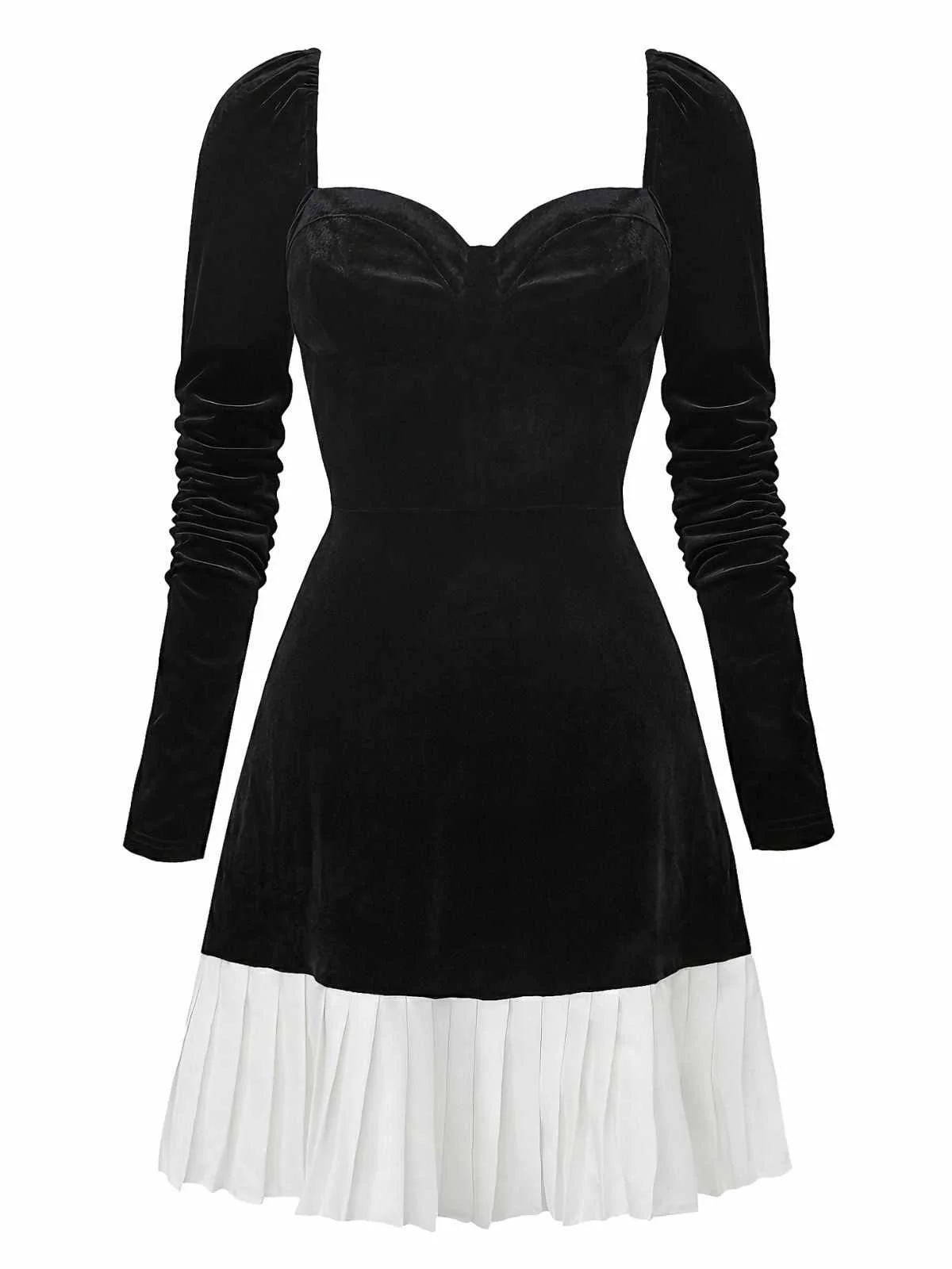 1960s Sweetheart Neck Contrast Velvet Pleated Hem Dress - Image 2