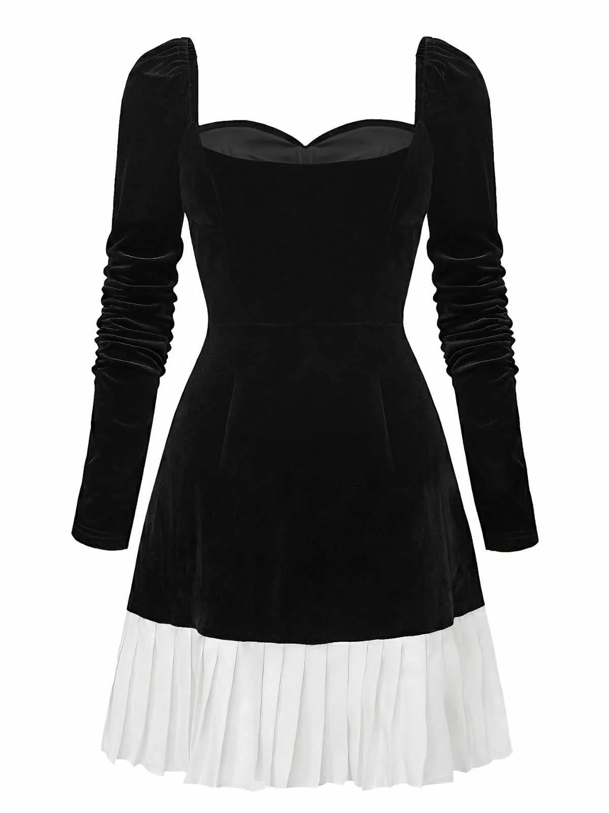 1960s Sweetheart Neck Contrast Velvet Pleated Hem Dress - Image 3
