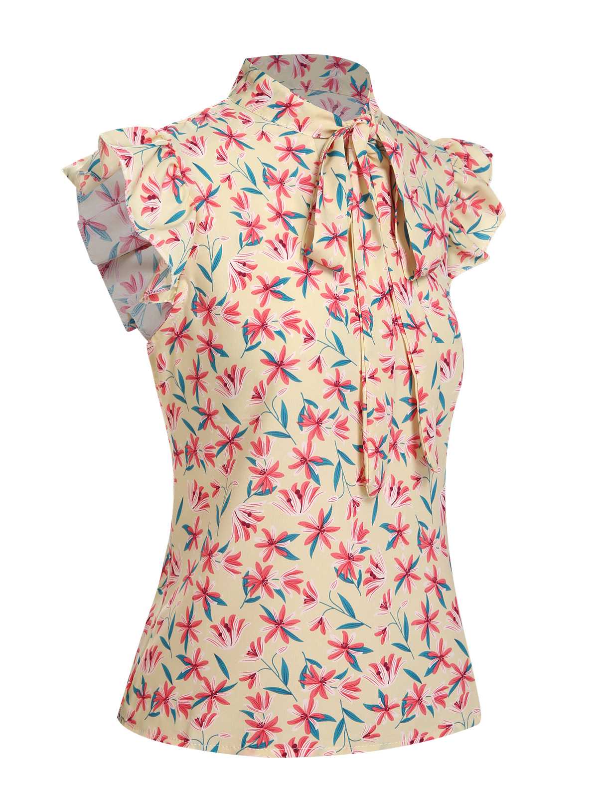 1960s Tie Neck Floral Ruffles Top - Image 2