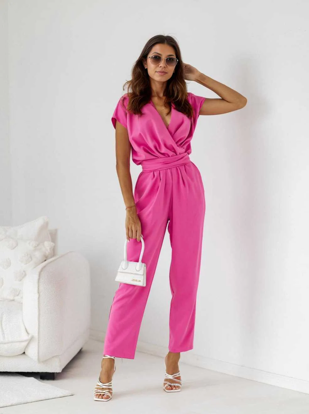1960s V-Neck Belted Solid Jumpsuit - Image 10