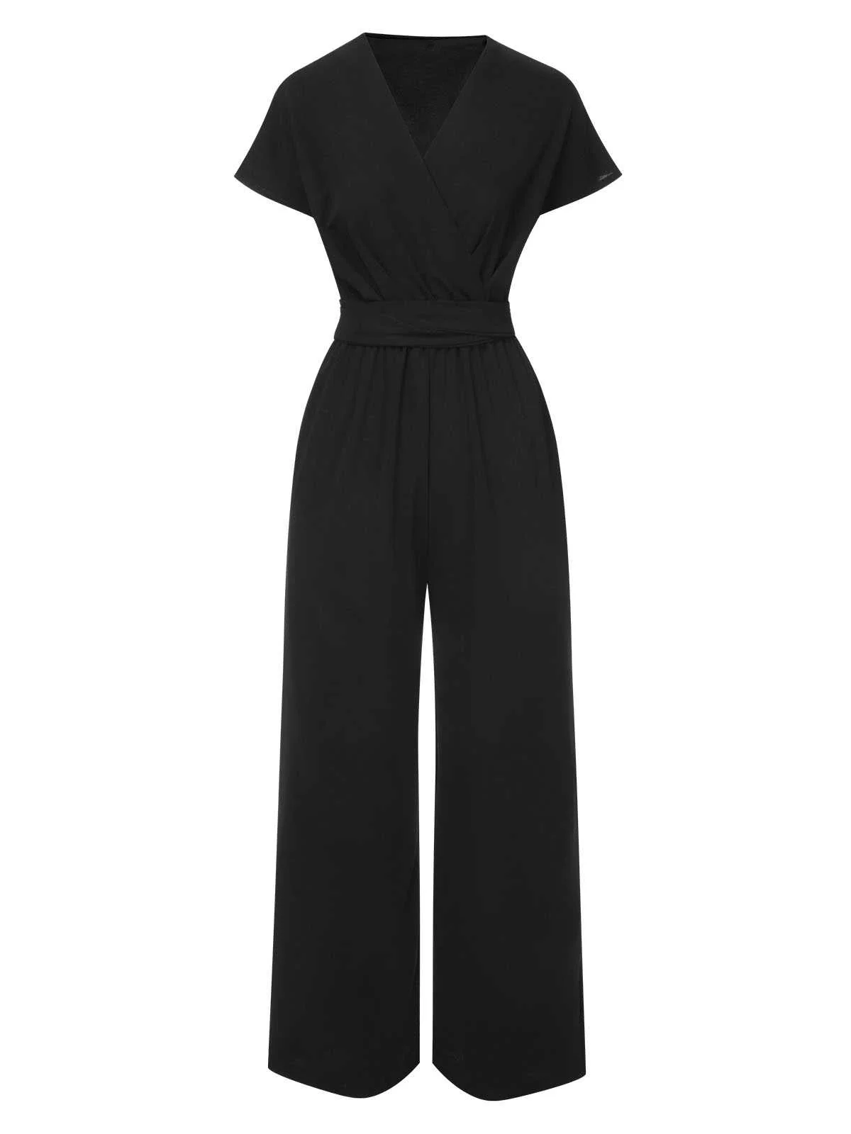 1960s V-Neck Belted Solid Jumpsuit - Image 2