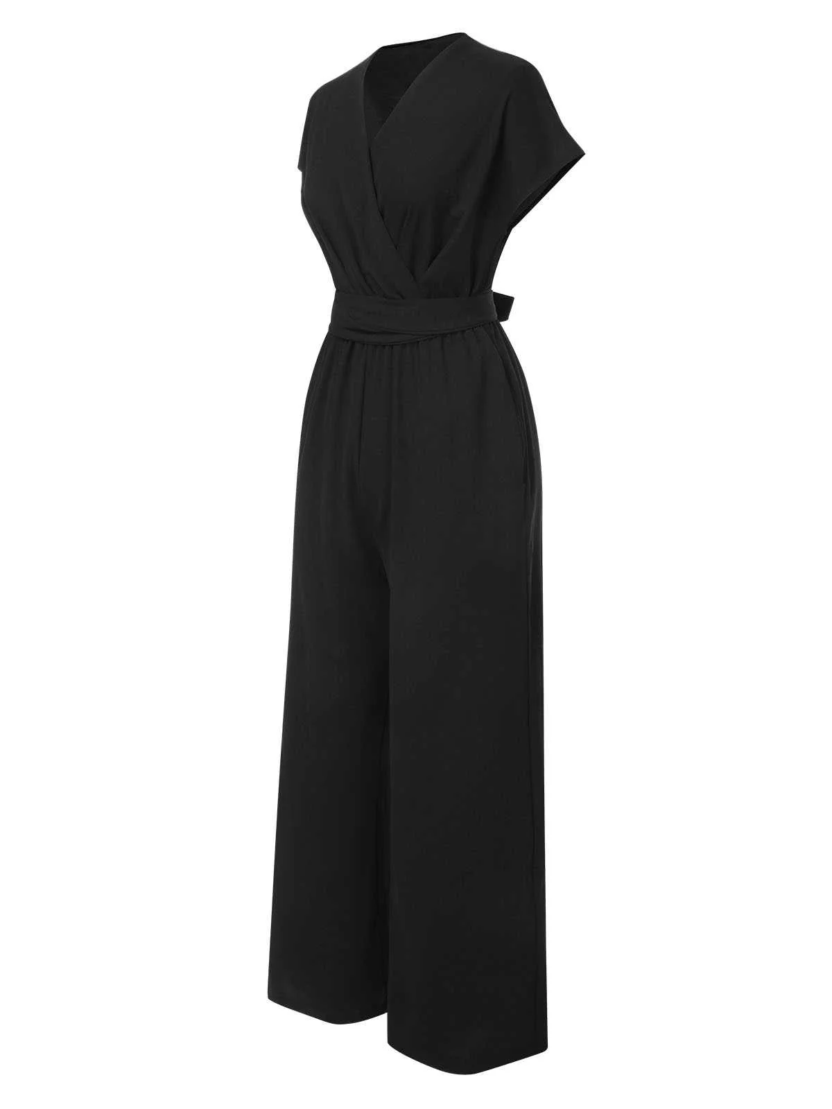 1960s V-Neck Belted Solid Jumpsuit - Image 3