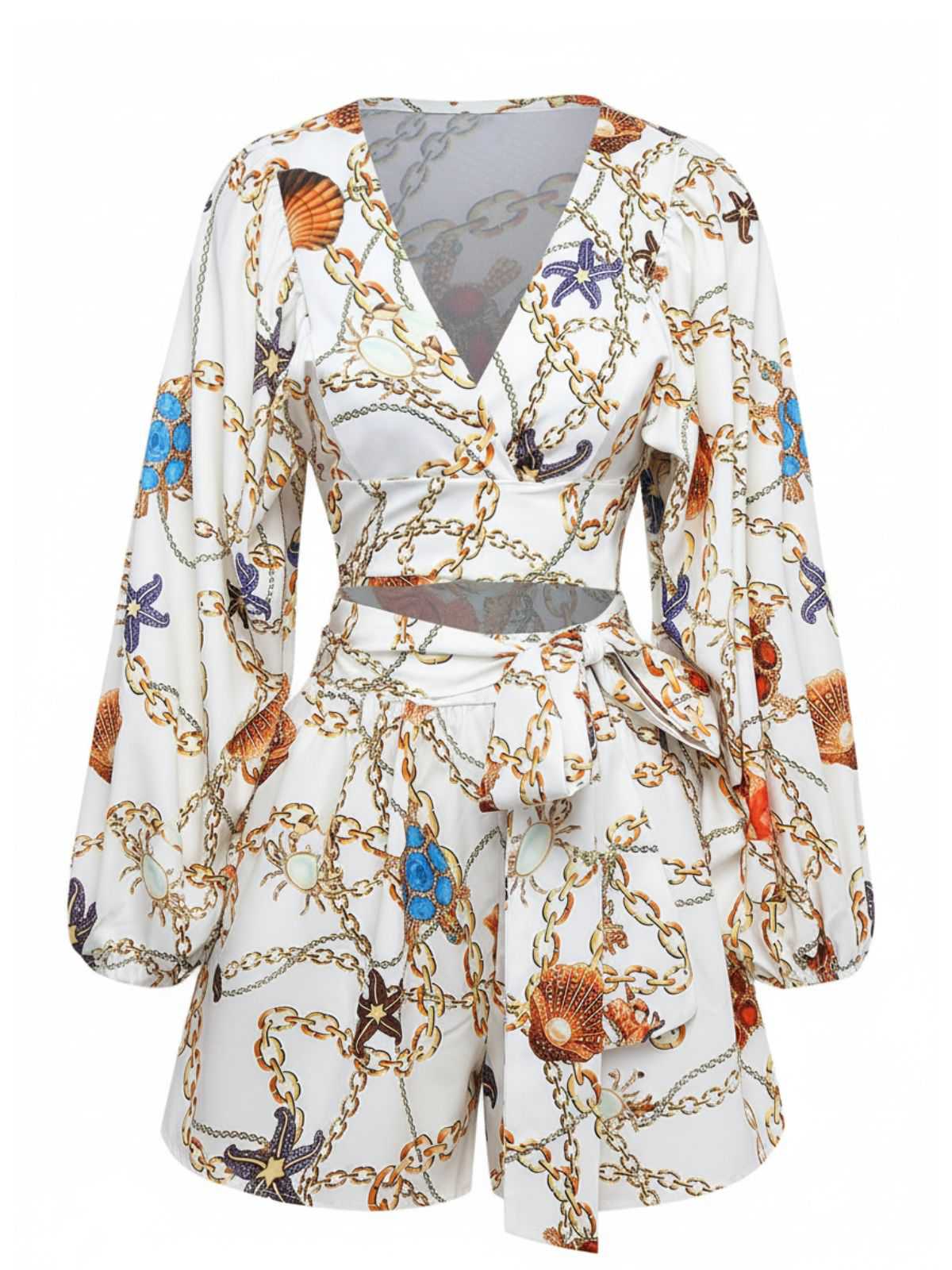 1960s V-Neck Chain Seashell Waist Cutout Romper - Image 2