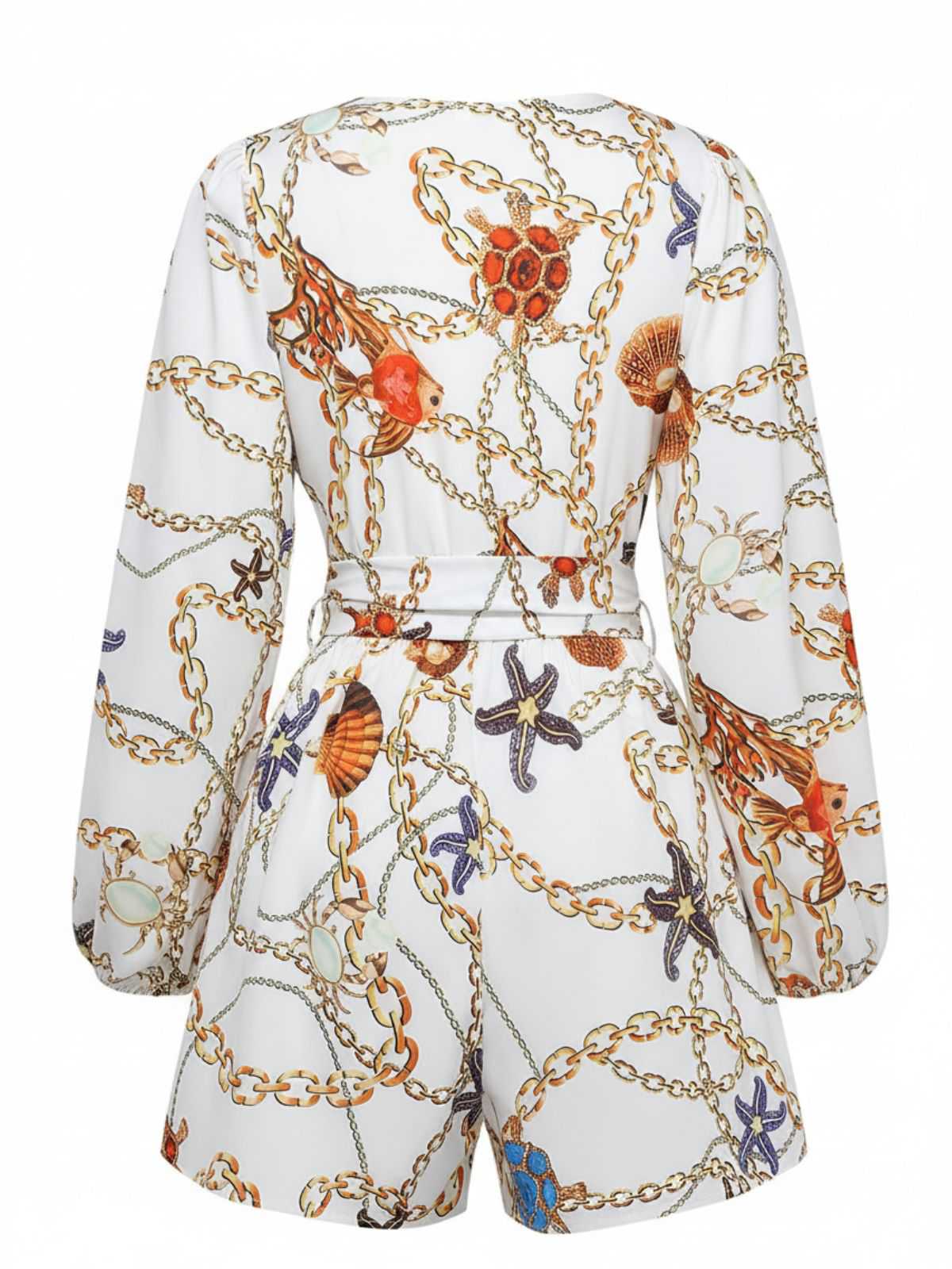 1960s V-Neck Chain Seashell Waist Cutout Romper - Image 3
