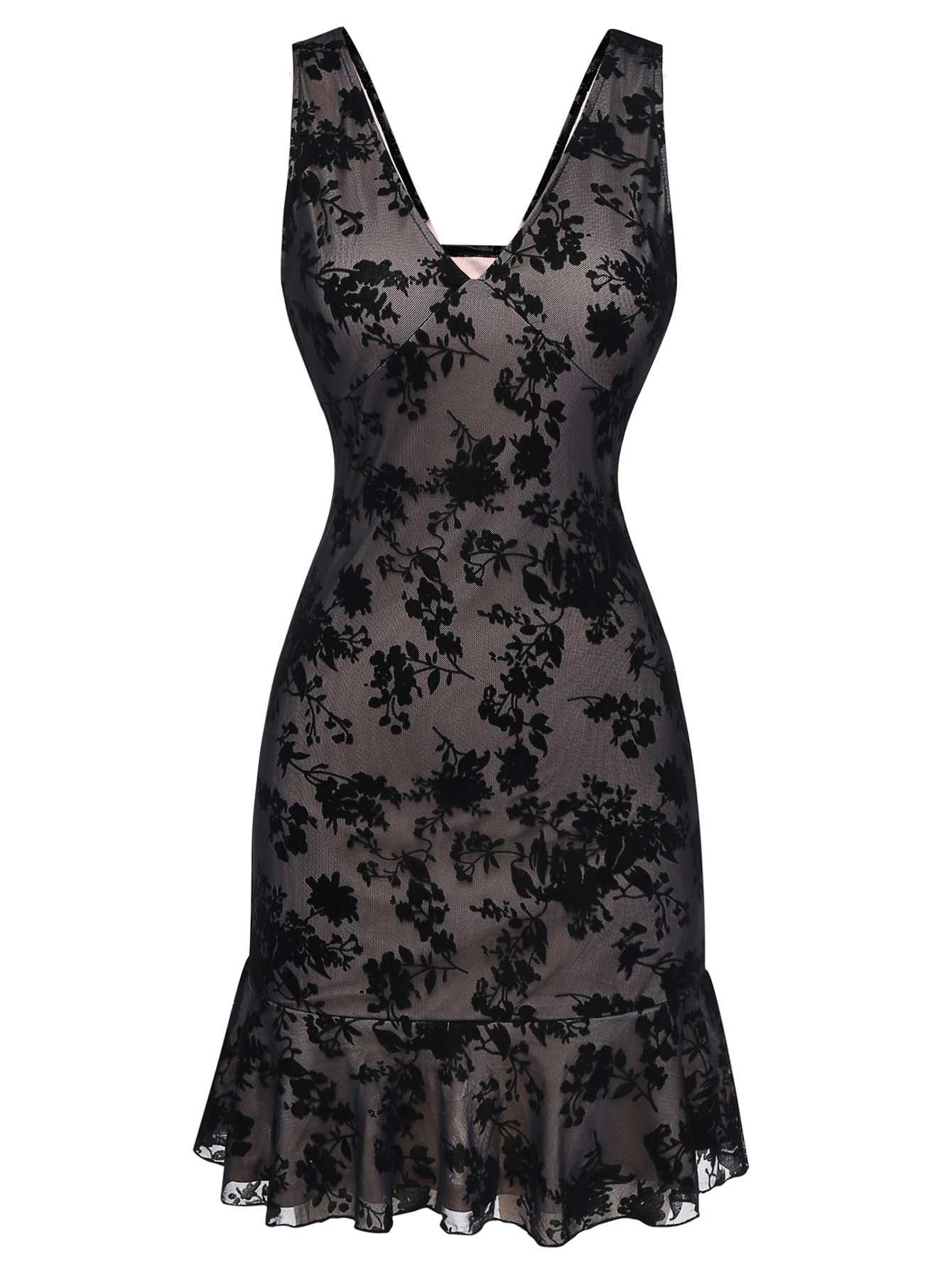 1960s V-Neck Floral Flocked Mesh Ruffle Hem Dress - Image 2