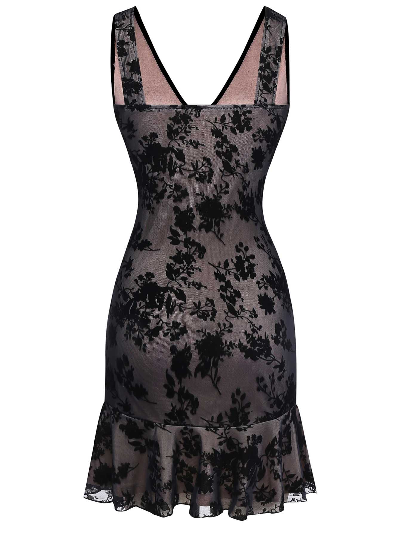 1960s V-Neck Floral Flocked Mesh Ruffle Hem Dress - Image 3