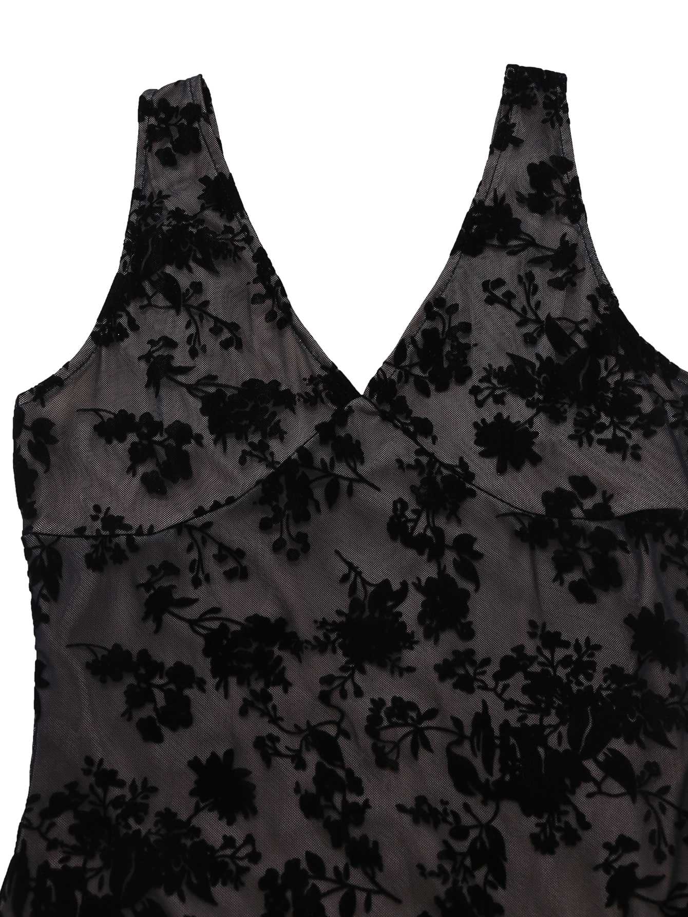 1960s V-Neck Floral Flocked Mesh Ruffle Hem Dress - Image 4