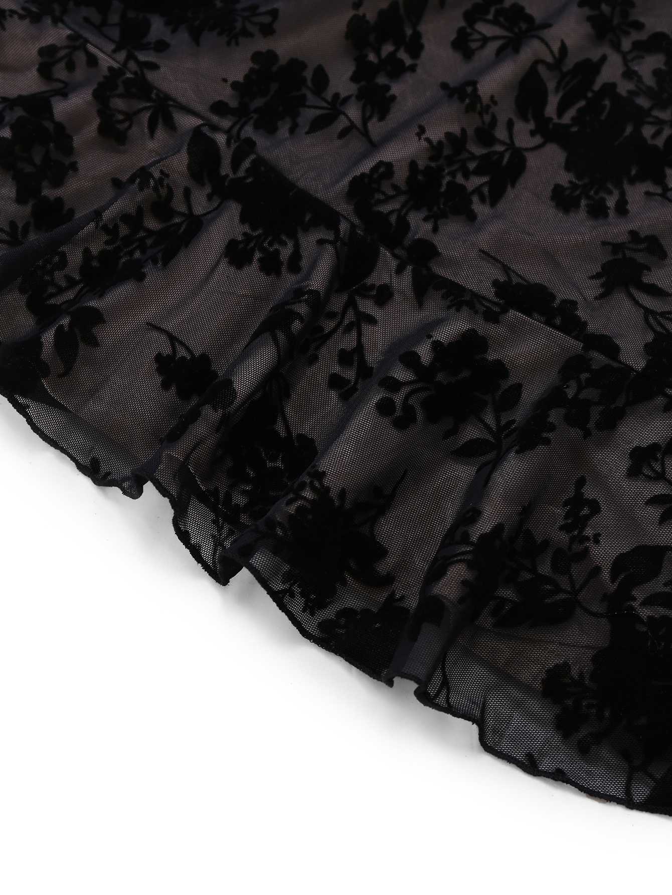 1960s V-Neck Floral Flocked Mesh Ruffle Hem Dress - Image 6