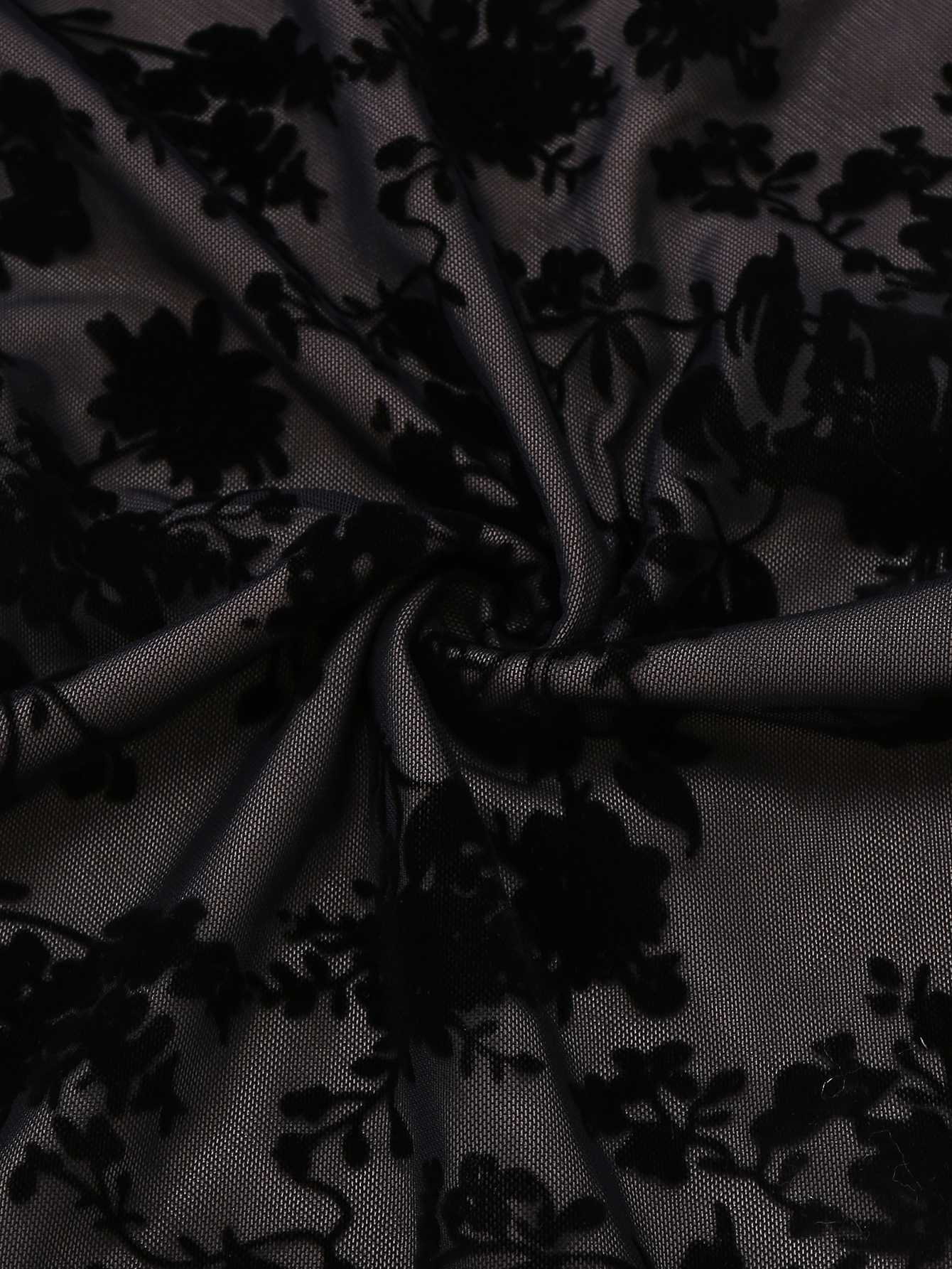 1960s V-Neck Floral Flocked Mesh Ruffle Hem Dress - Image 7
