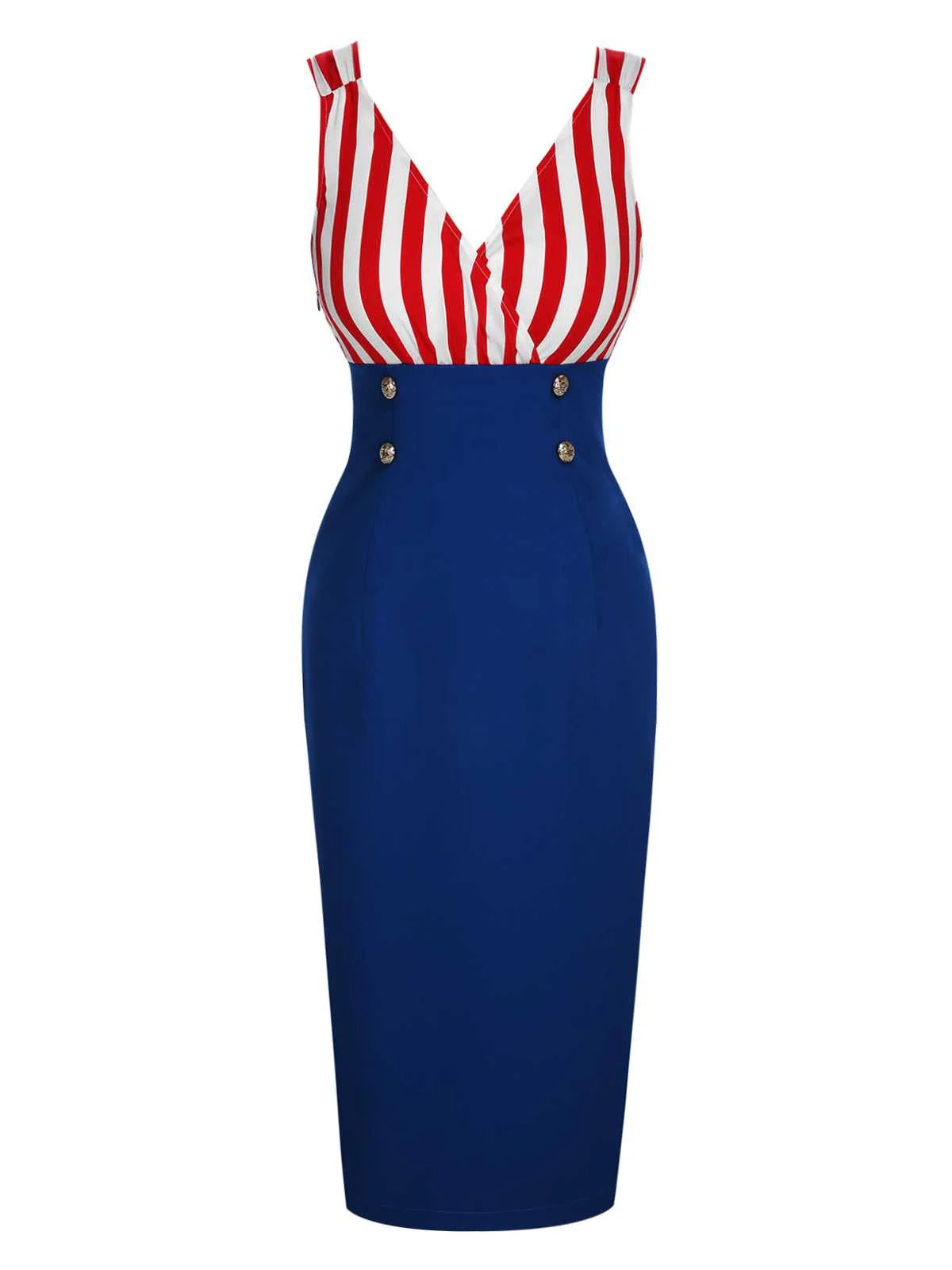 1960s V-Neck Red Blue Contrast Stripes Dress - Image 2