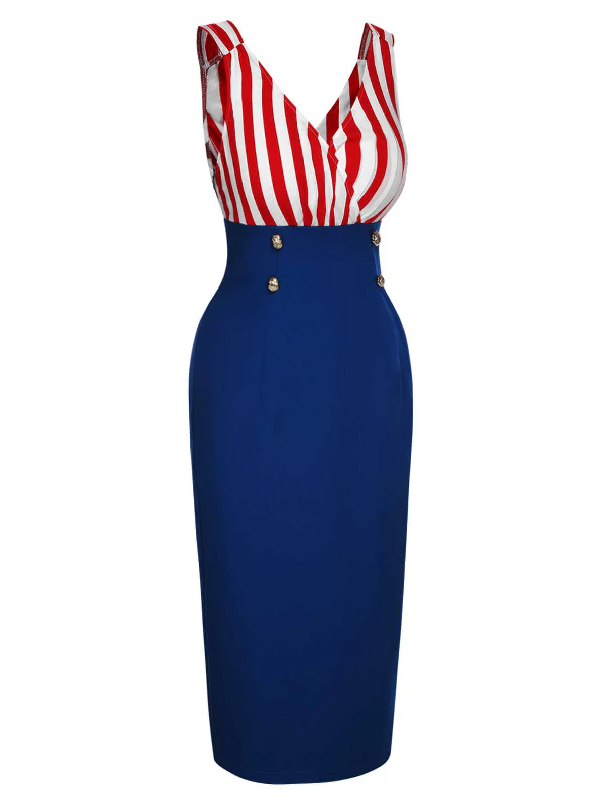 1960s V-Neck Red Blue Contrast Stripes Dress - Image 3