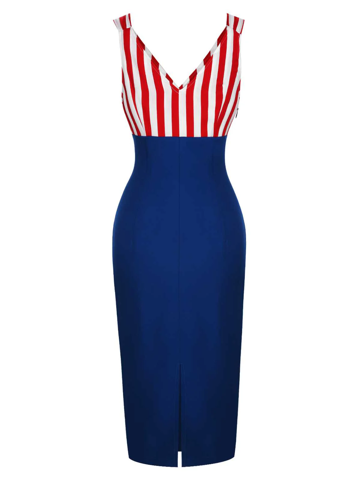 1960s V-Neck Red Blue Contrast Stripes Dress - Image 4