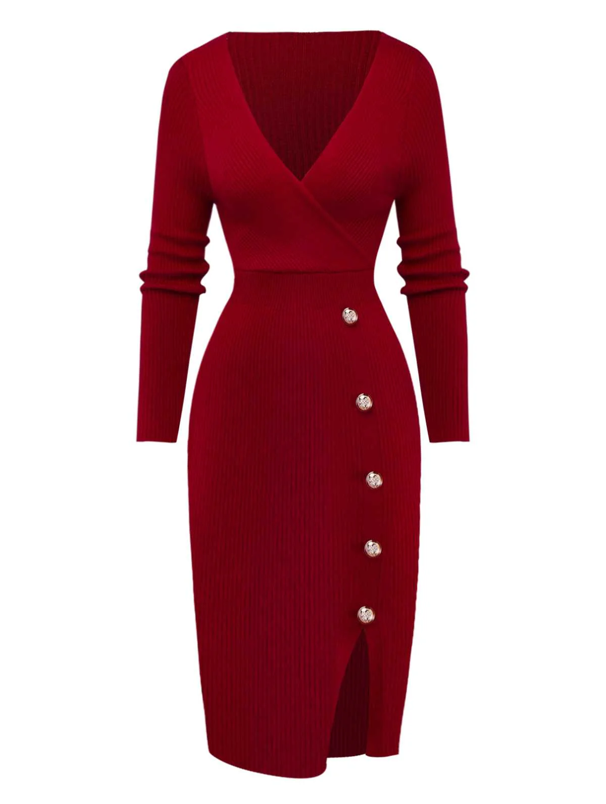 1960s V-Neck Ribbed Knit Button Bodycon Dress - Image 2