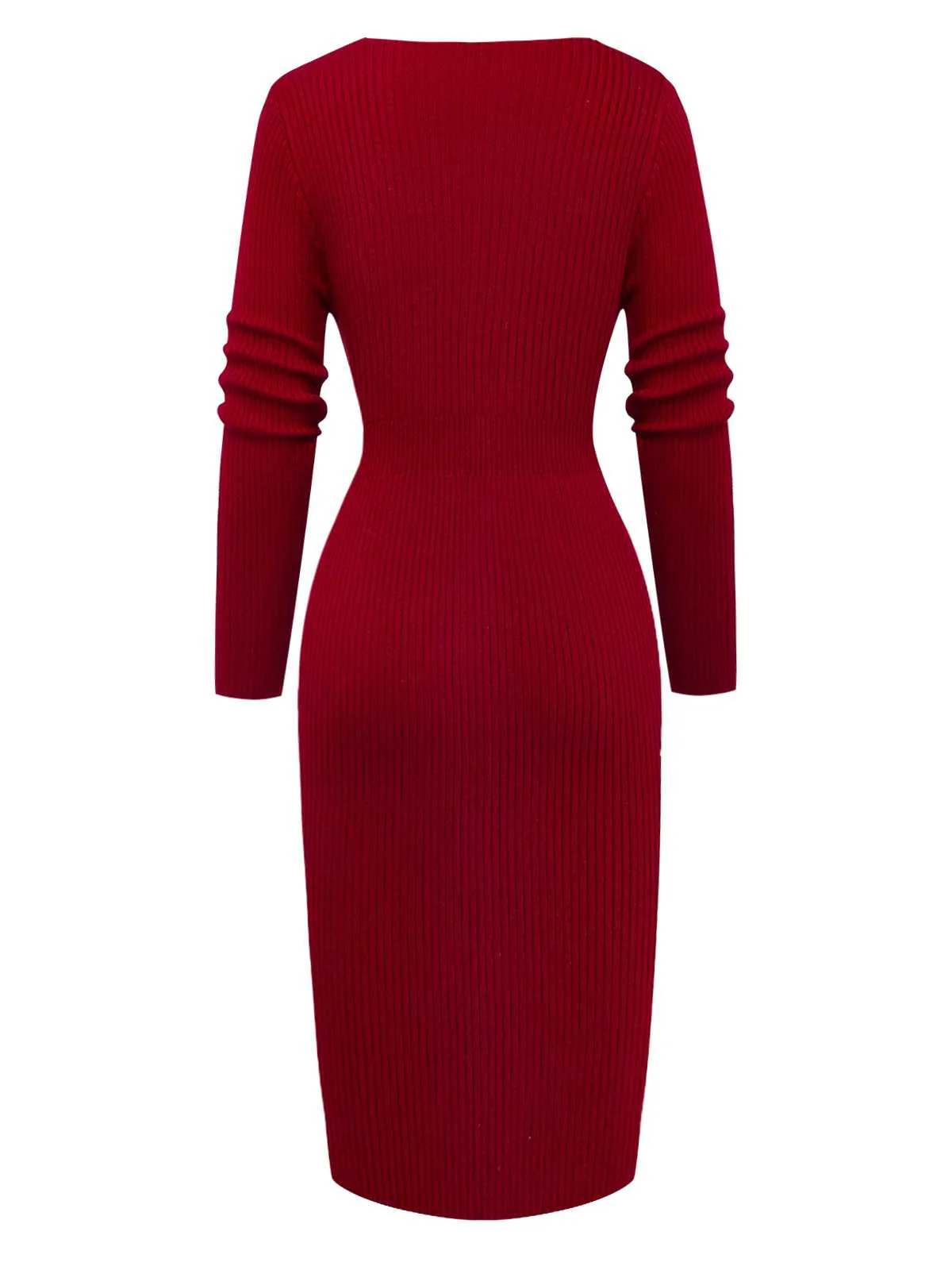 1960s V-Neck Ribbed Knit Button Bodycon Dress - Image 3