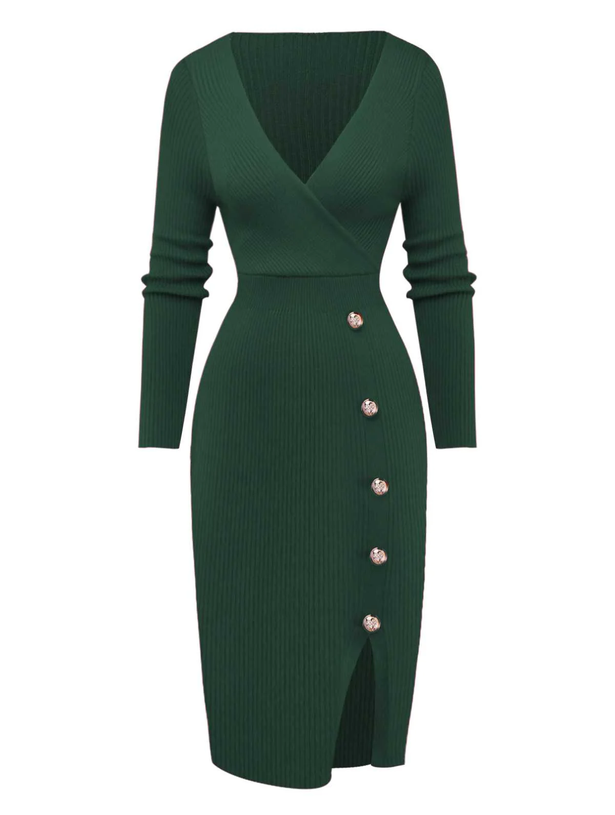 1960s V-Neck Ribbed Knit Button Bodycon Dress - Image 8