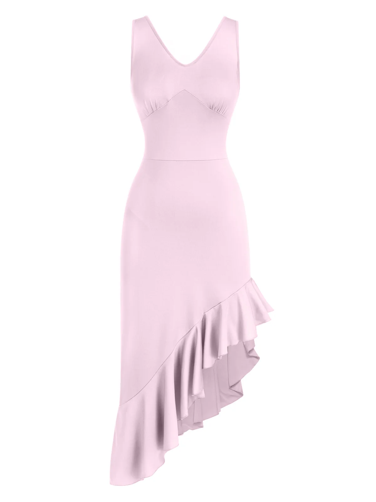 1960s V-Neck Oblique Ruffled Hem Sleeveless Dress - Image 11