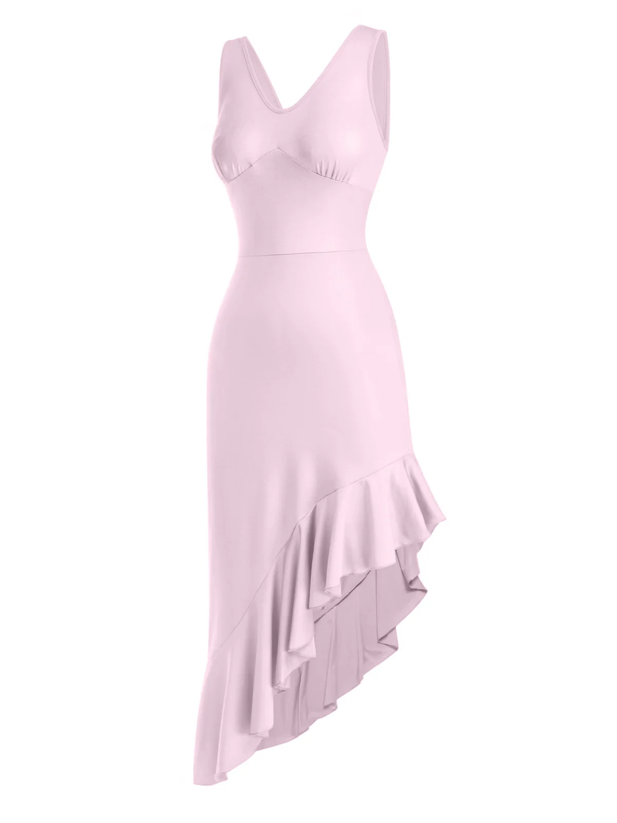 1960s V-Neck Oblique Ruffled Hem Sleeveless Dress - Image 12