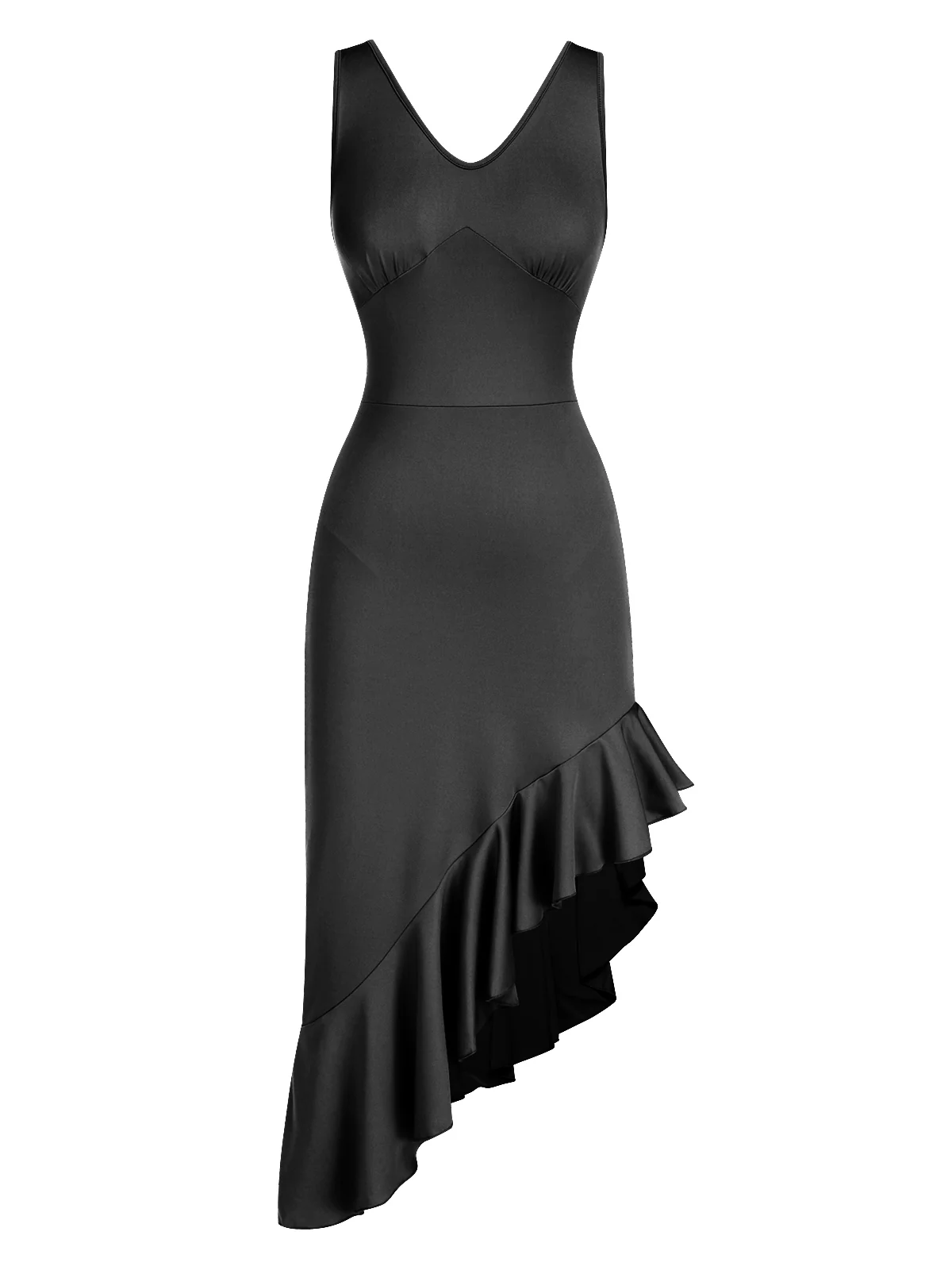 1960s V-Neck Oblique Ruffled Hem Sleeveless Dress - Image 6