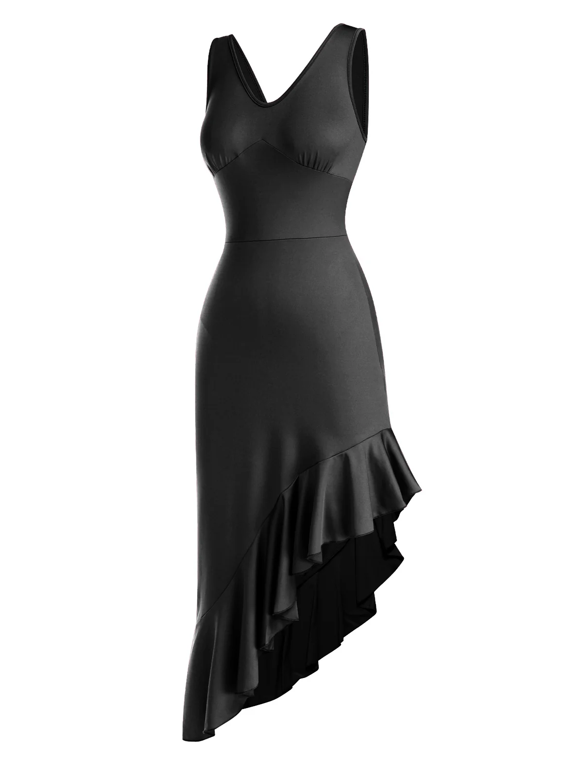 1960s V-Neck Oblique Ruffled Hem Sleeveless Dress - Image 7