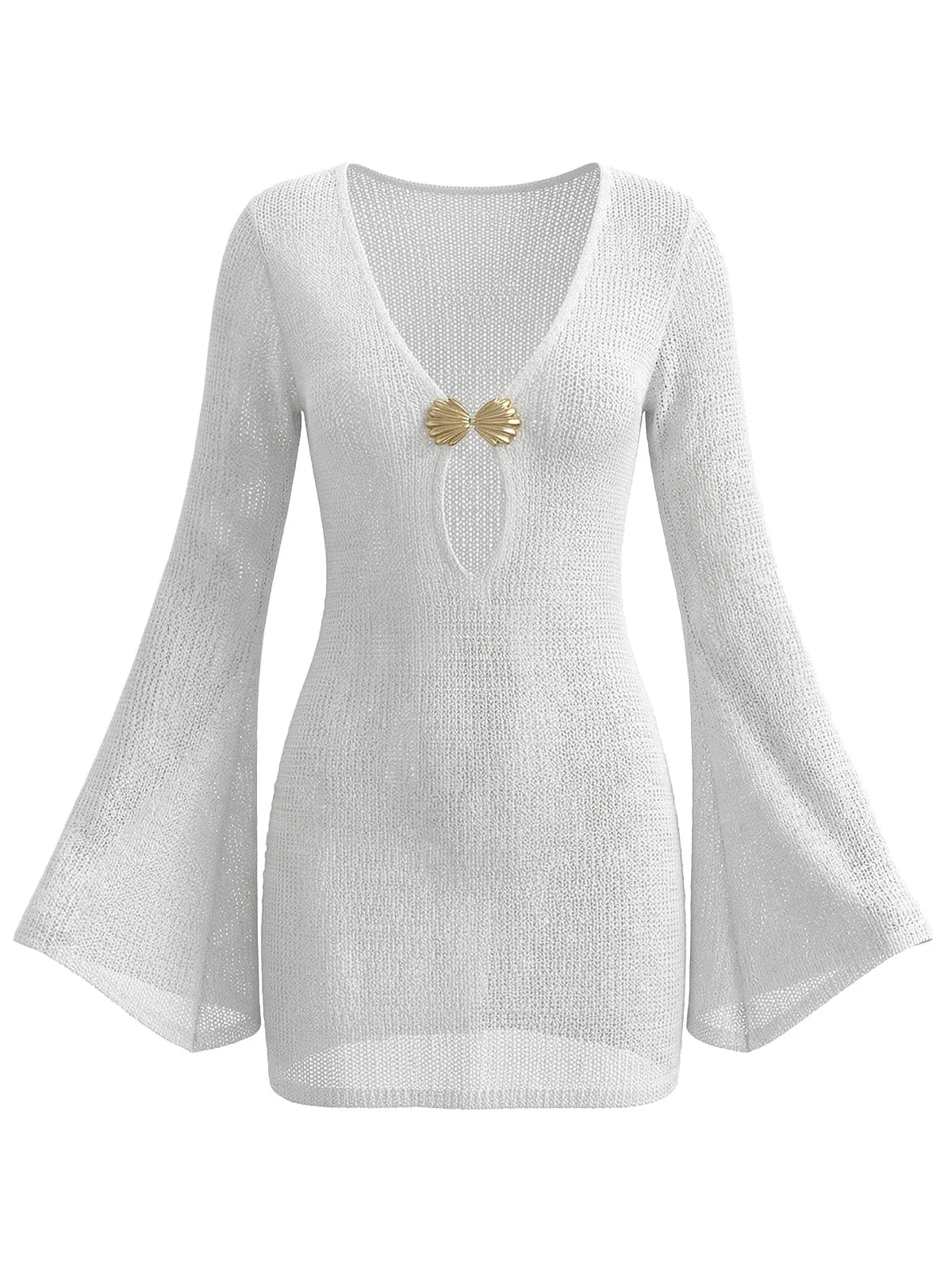 1960s V-Neck Shell-Detail Cut-out Bell Sleeve Cover-up - Image 2