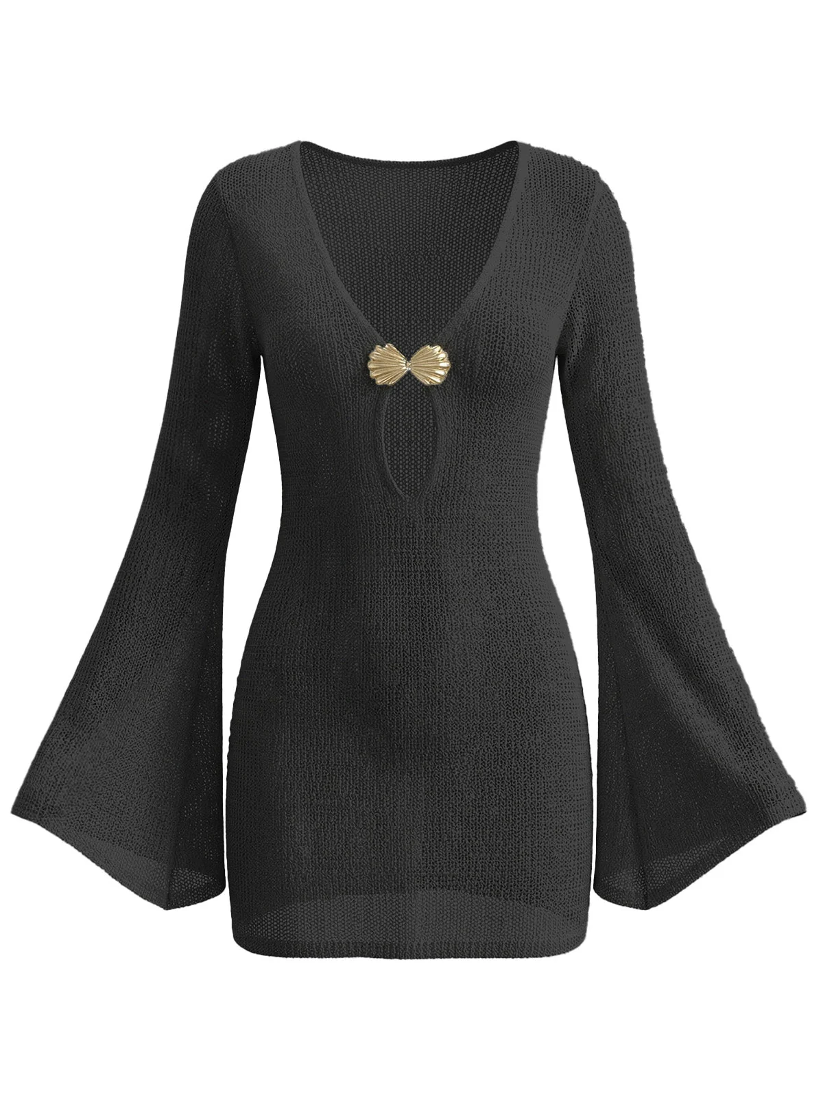 1960s V-Neck Shell-Detail Cut-out Bell Sleeve Cover-up - Image 4
