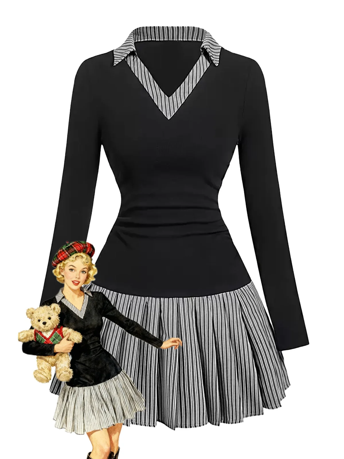 1960s V-Neck Striped Pleated Fake Two-Piece Dress - Image 4