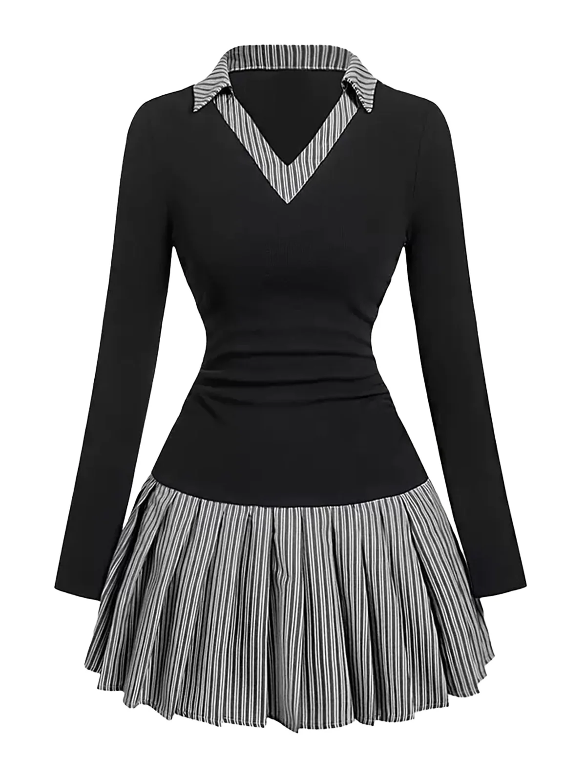 1960s V-Neck Striped Pleated Fake Two-Piece Dress - Image 5