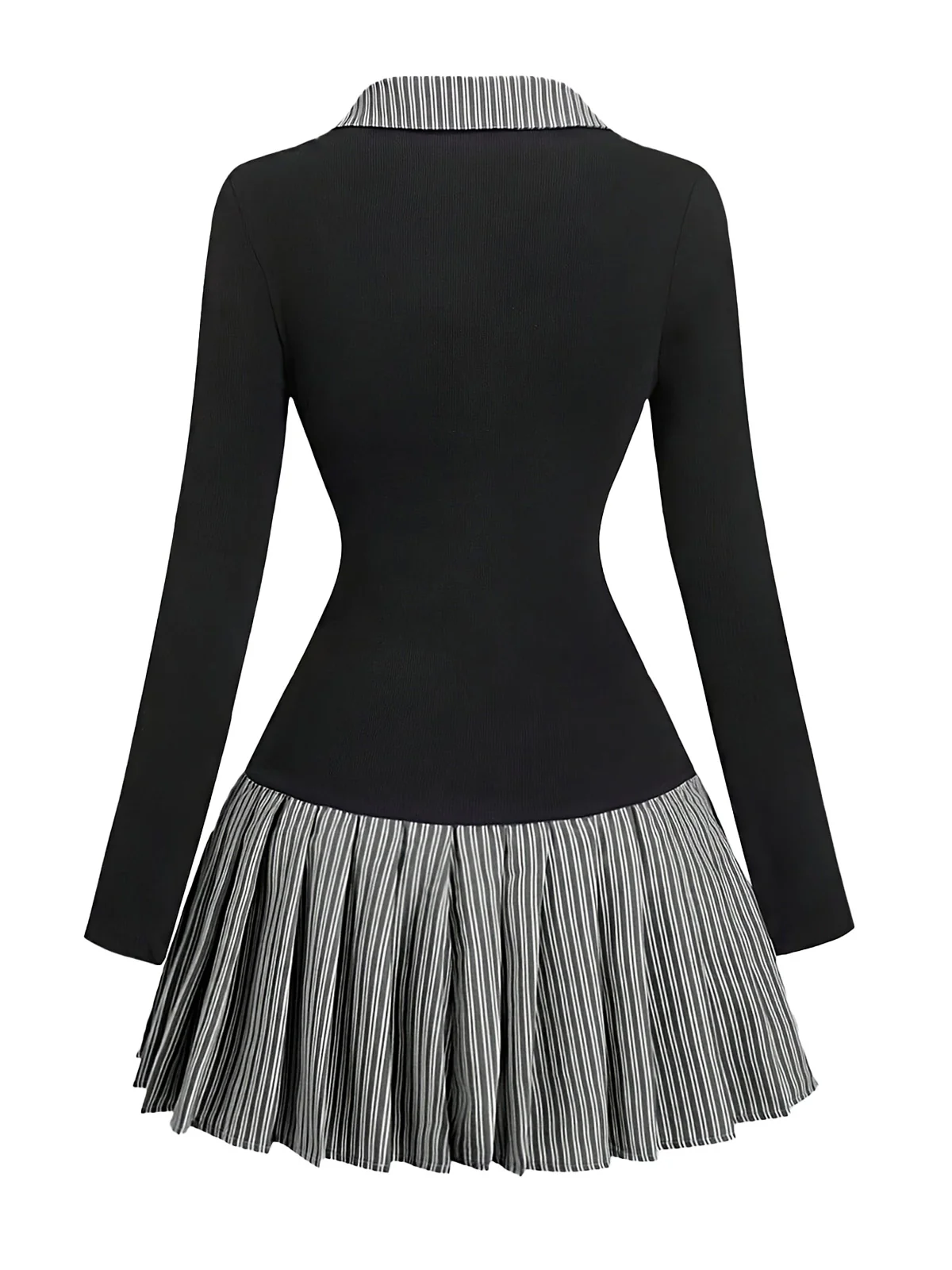1960s V-Neck Striped Pleated Fake Two-Piece Dress - Image 6