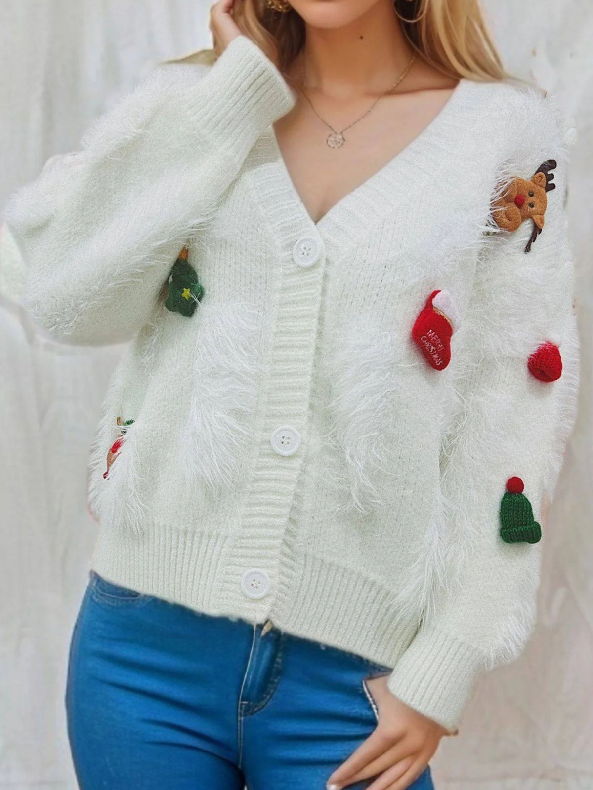 1970s 3D Christmas Print Fluffy Knit Button Cardigan - Image 10