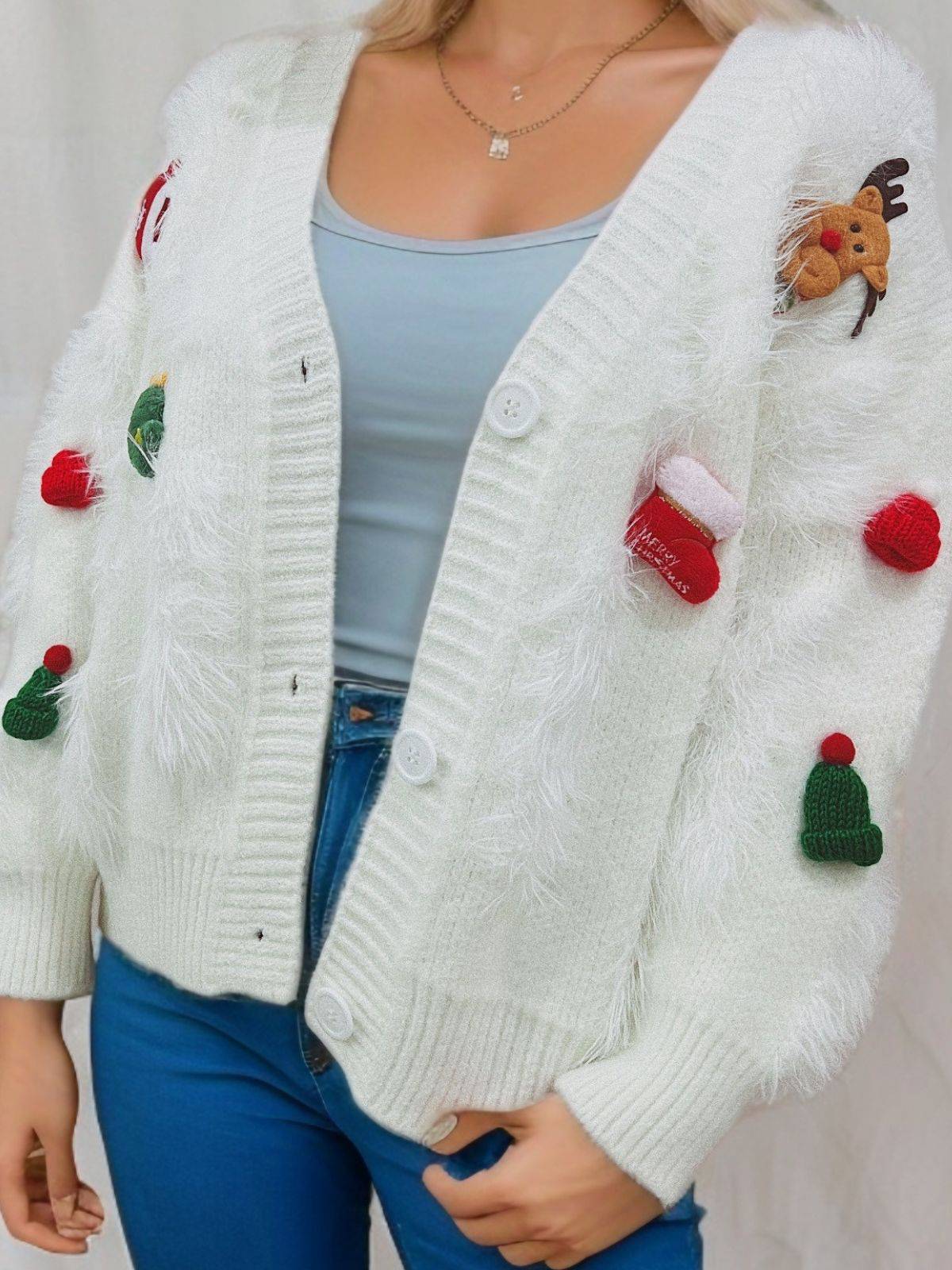 1970s 3D Christmas Print Fluffy Knit Button Cardigan - Image 11