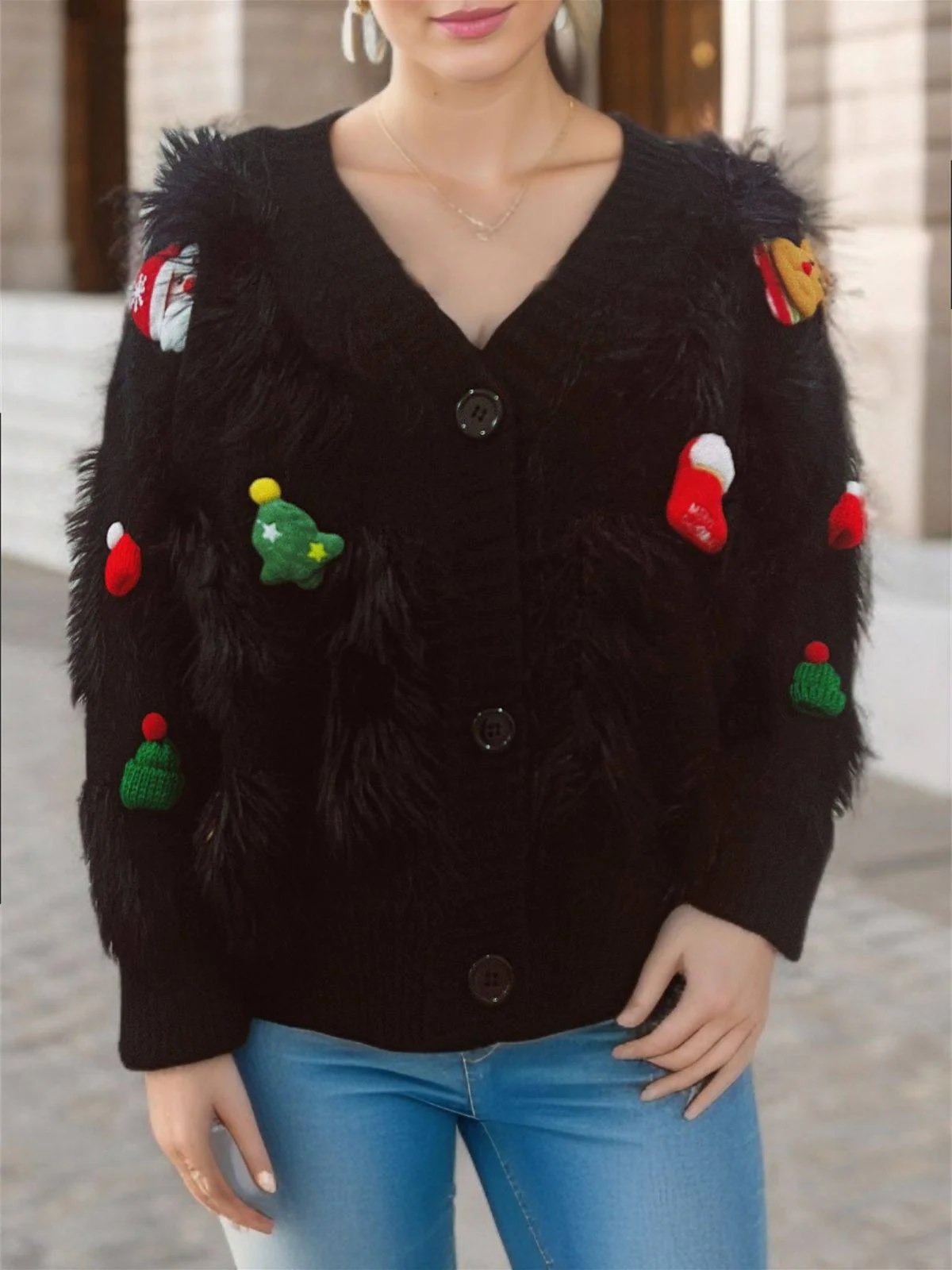 1970s 3D Christmas Print Fluffy Knit Button Cardigan - Image 15