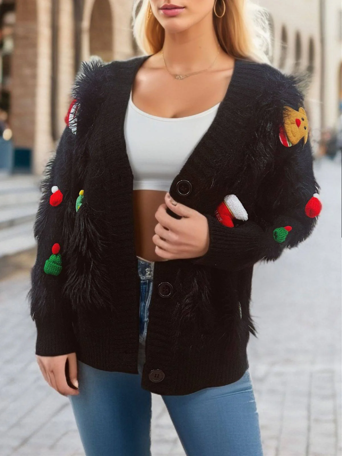 1970s 3D Christmas Print Fluffy Knit Button Cardigan - Image 16