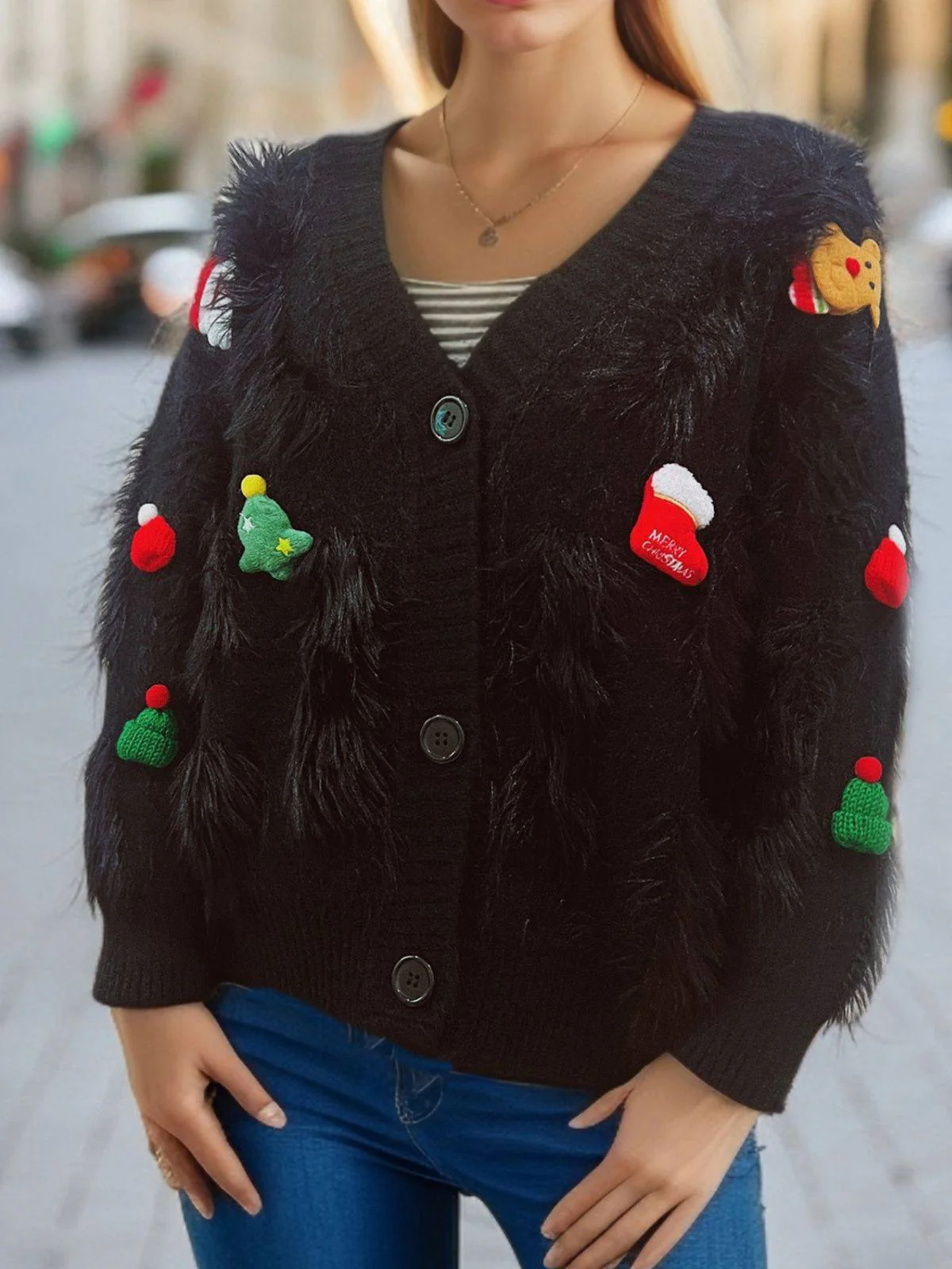 1970s 3D Christmas Print Fluffy Knit Button Cardigan - Image 17