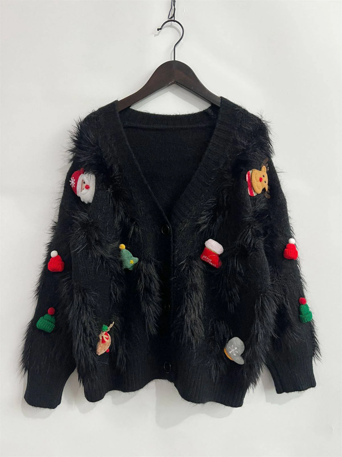 1970s 3D Christmas Print Fluffy Knit Button Cardigan - Image 19