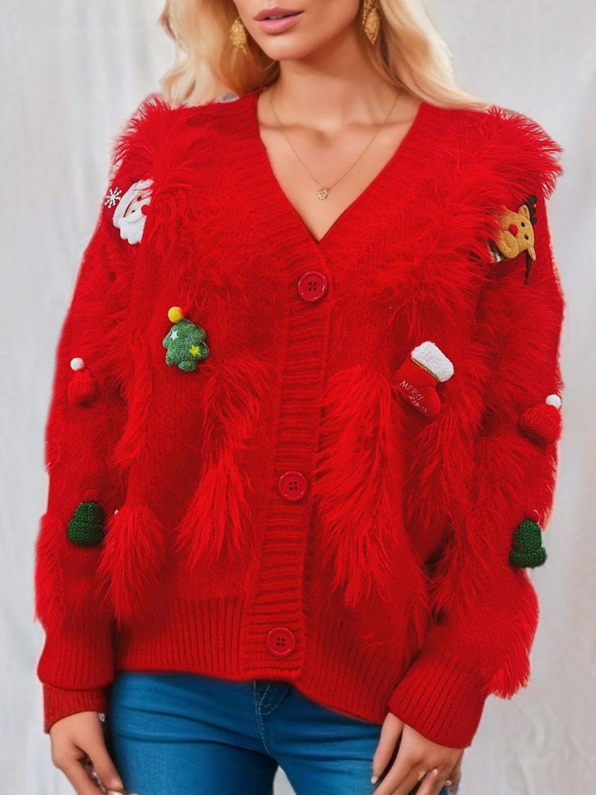 1970s 3D Christmas Print Fluffy Knit Button Cardigan - Image 2