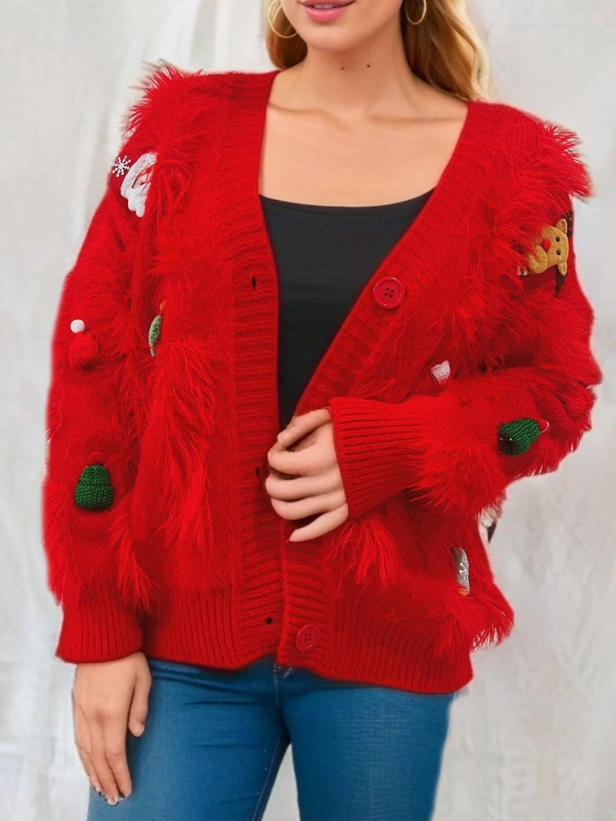 1970s 3D Christmas Print Fluffy Knit Button Cardigan - Image 3