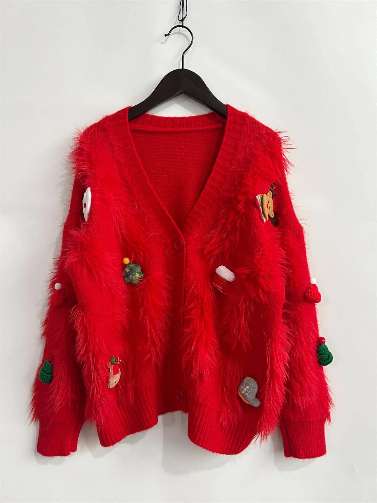 1970s 3D Christmas Print Fluffy Knit Button Cardigan - Image 5