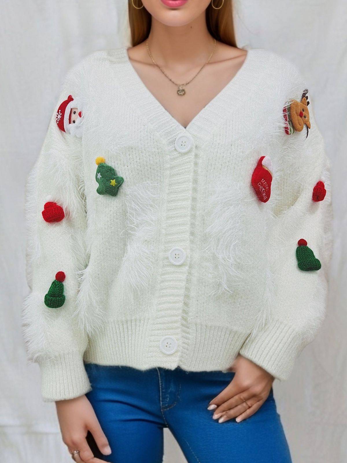 1970s 3D Christmas Print Fluffy Knit Button Cardigan - Image 8