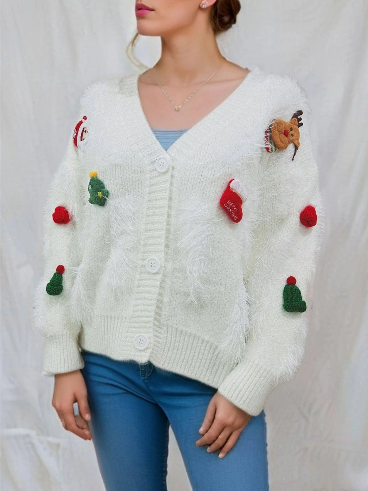 1970s 3D Christmas Print Fluffy Knit Button Cardigan - Image 9