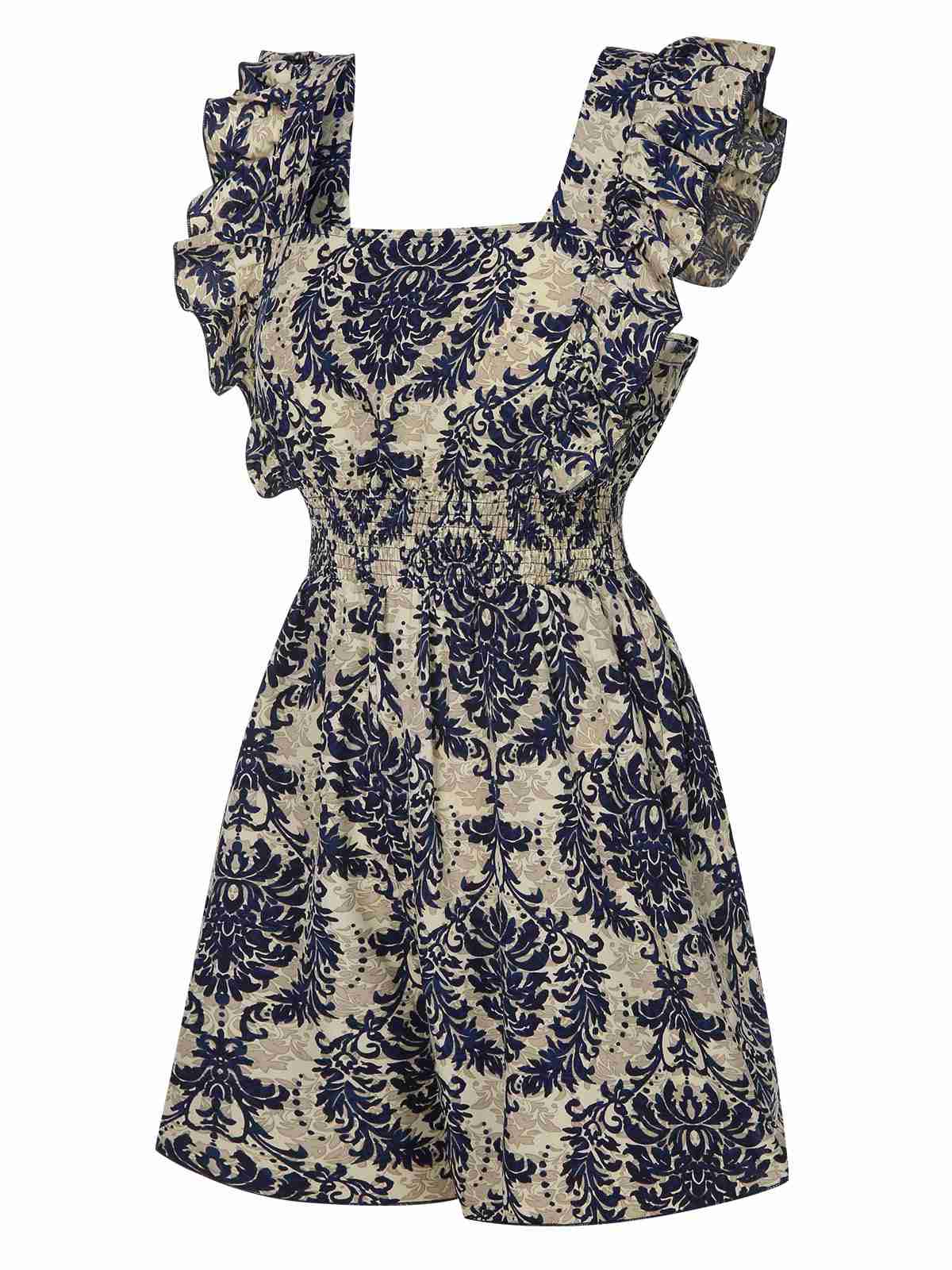 1970s Baroque Prints Square Neck Ruffles Romper - Image 2