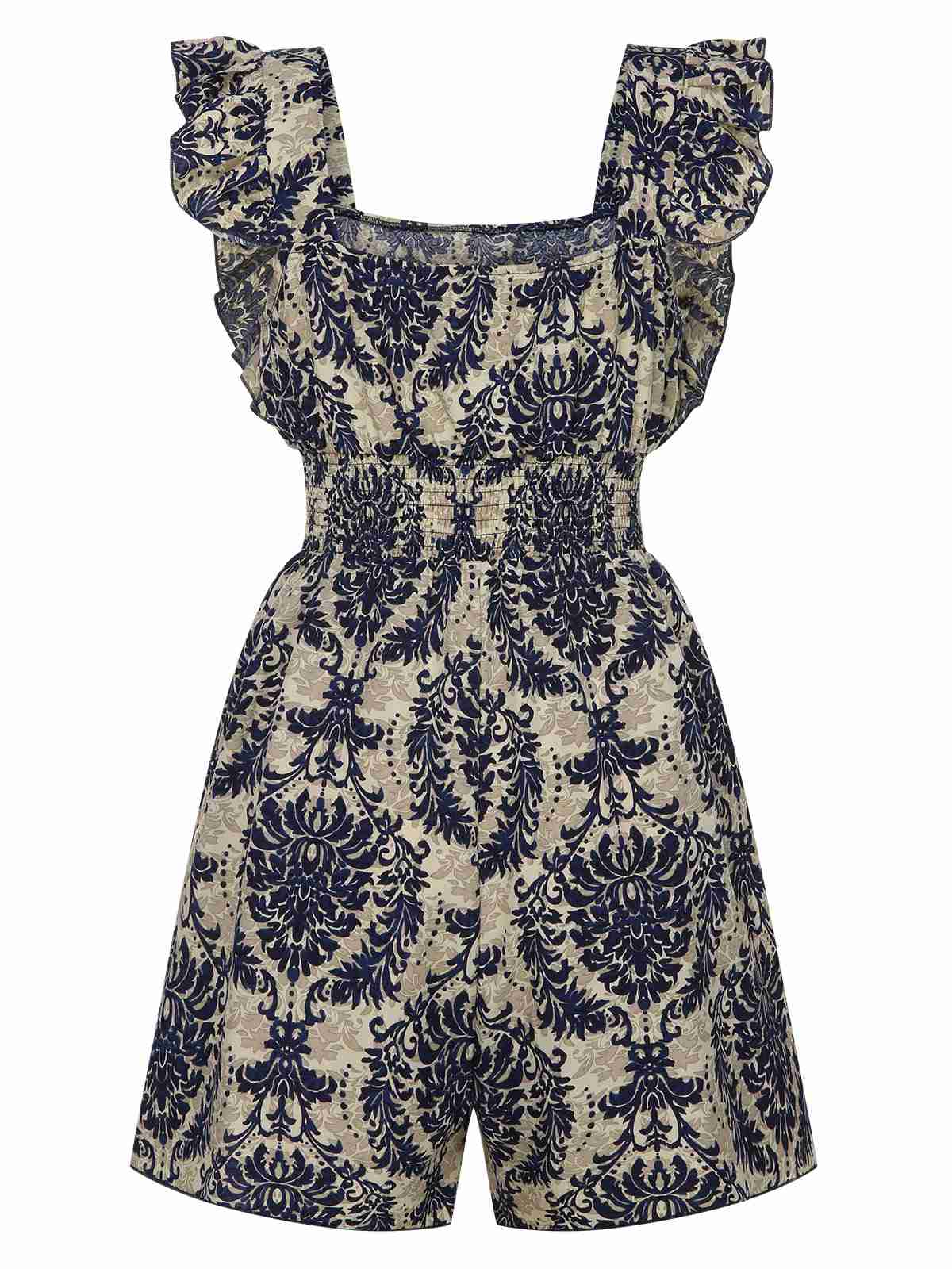 1970s Baroque Prints Square Neck Ruffles Romper - Image 3
