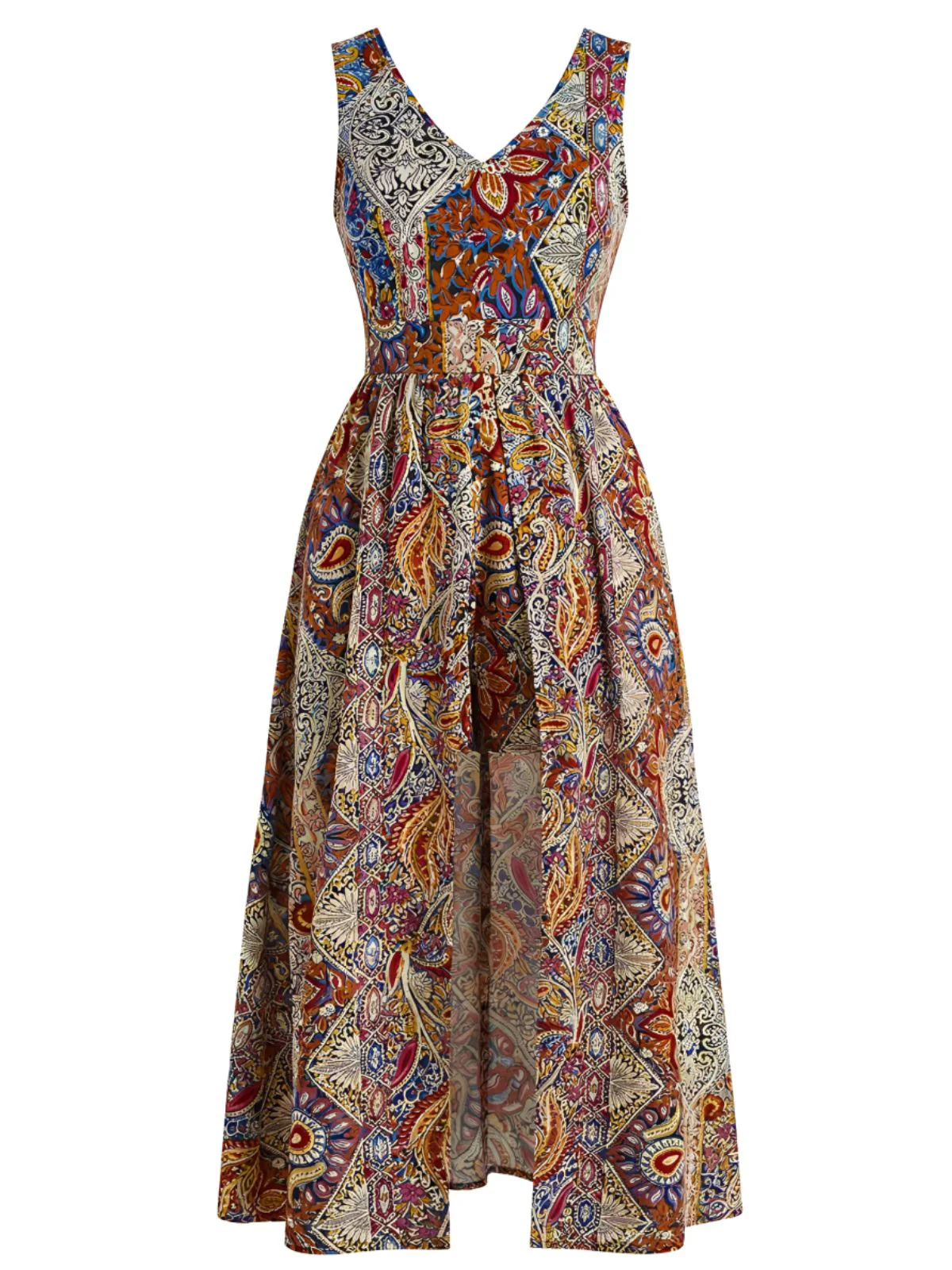 1970s Bohemian Paisley V-Neck Sleeveless High-Low Romper - Image 2