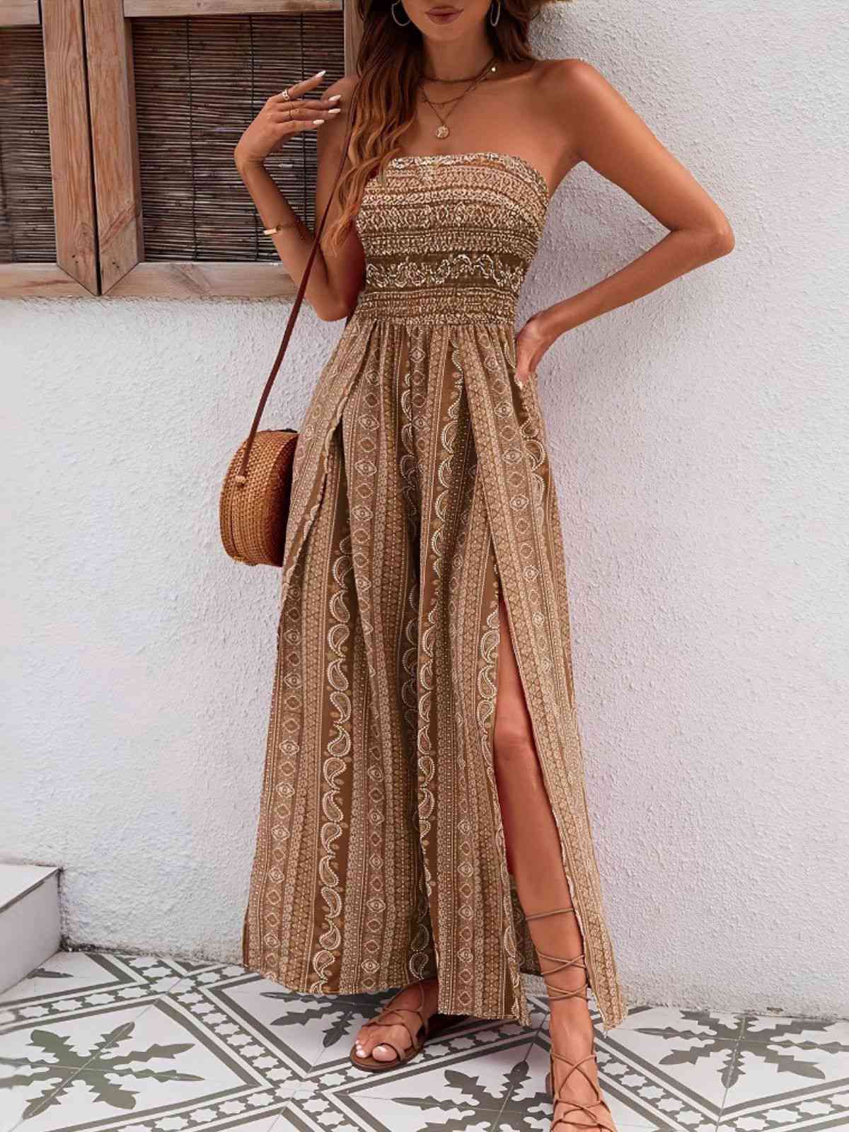 1970s Bohemian Strapless Slit Smocked Jumpsuit - Image 10