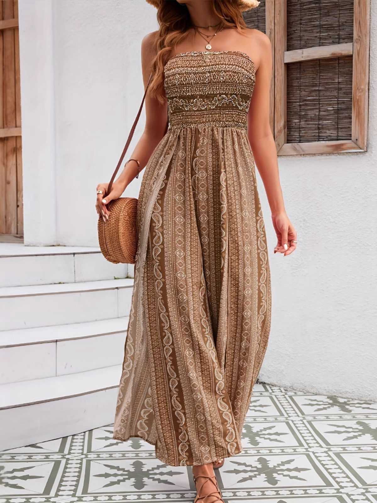 1970s Bohemian Strapless Slit Smocked Jumpsuit - Image 11