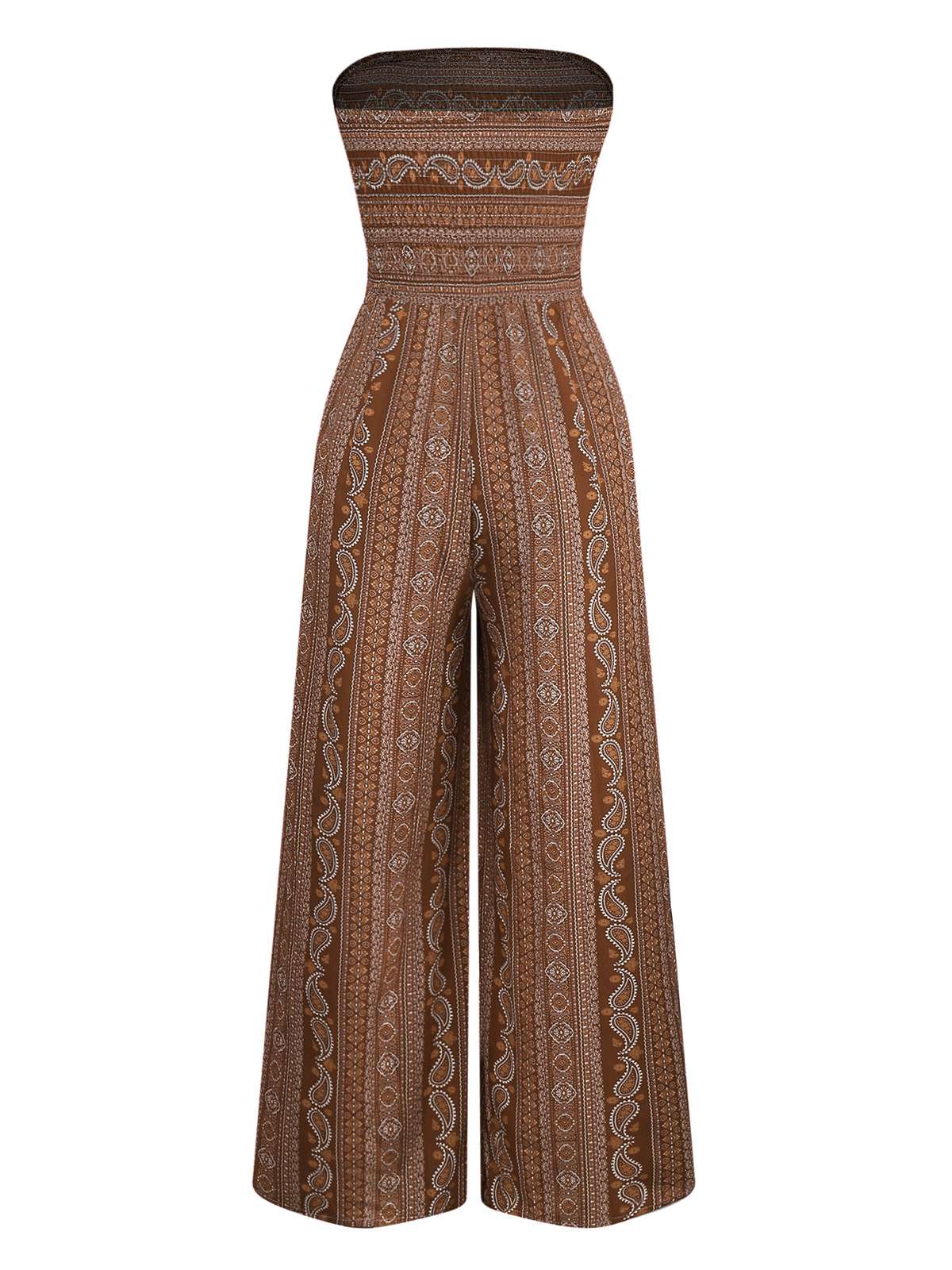 1970s Bohemian Strapless Slit Smocked Jumpsuit - Image 12