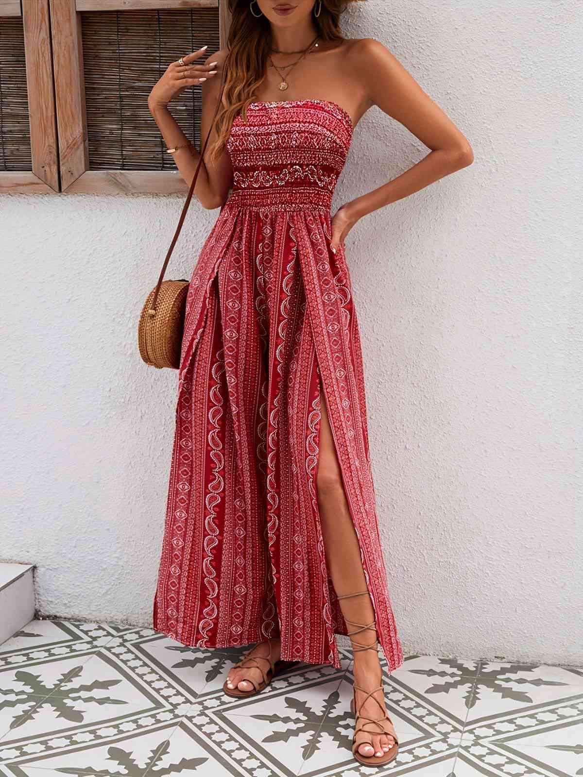 1970s Bohemian Strapless Slit Smocked Jumpsuit - Image 2