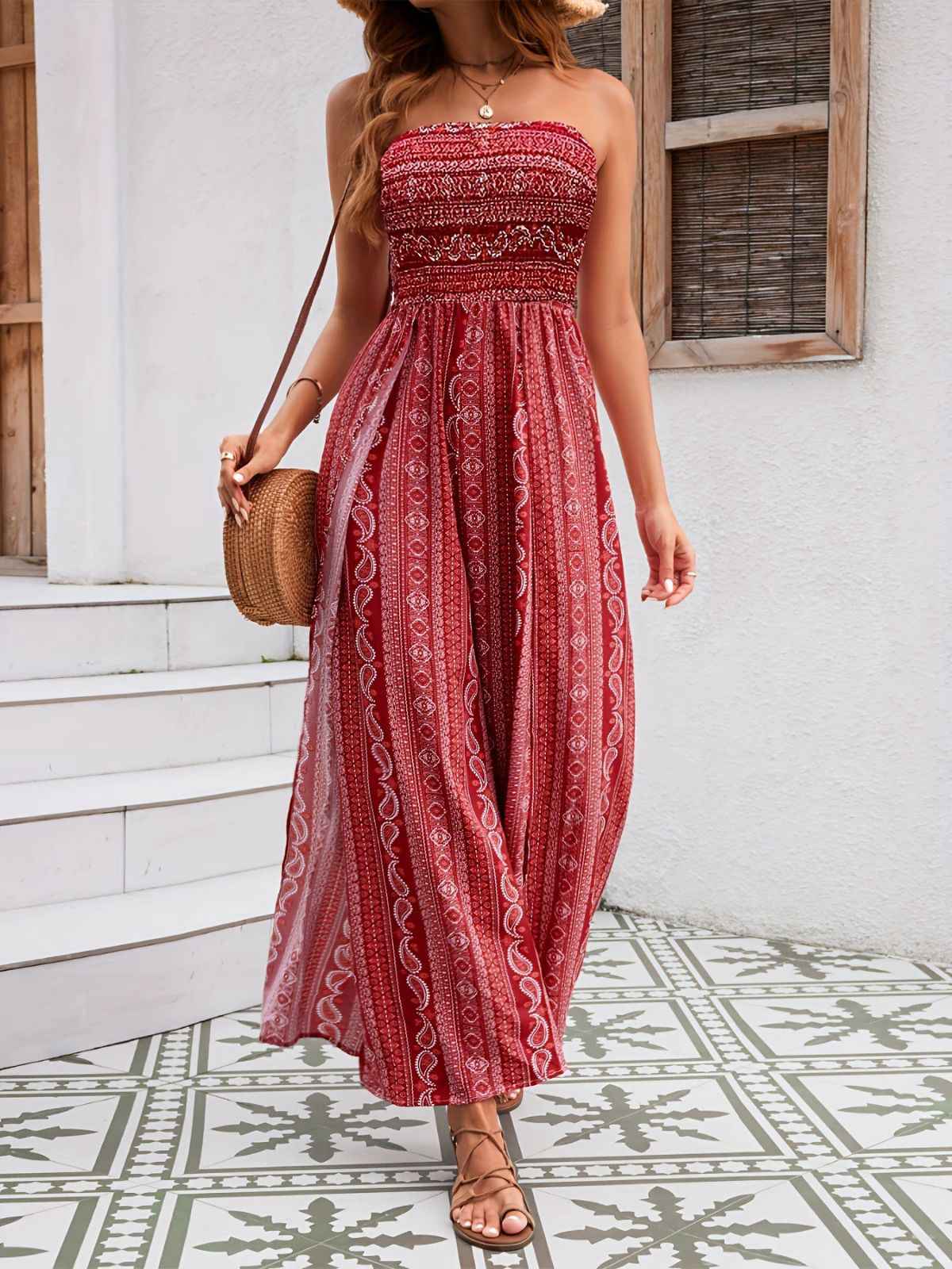 1970s Bohemian Strapless Slit Smocked Jumpsuit - Image 3