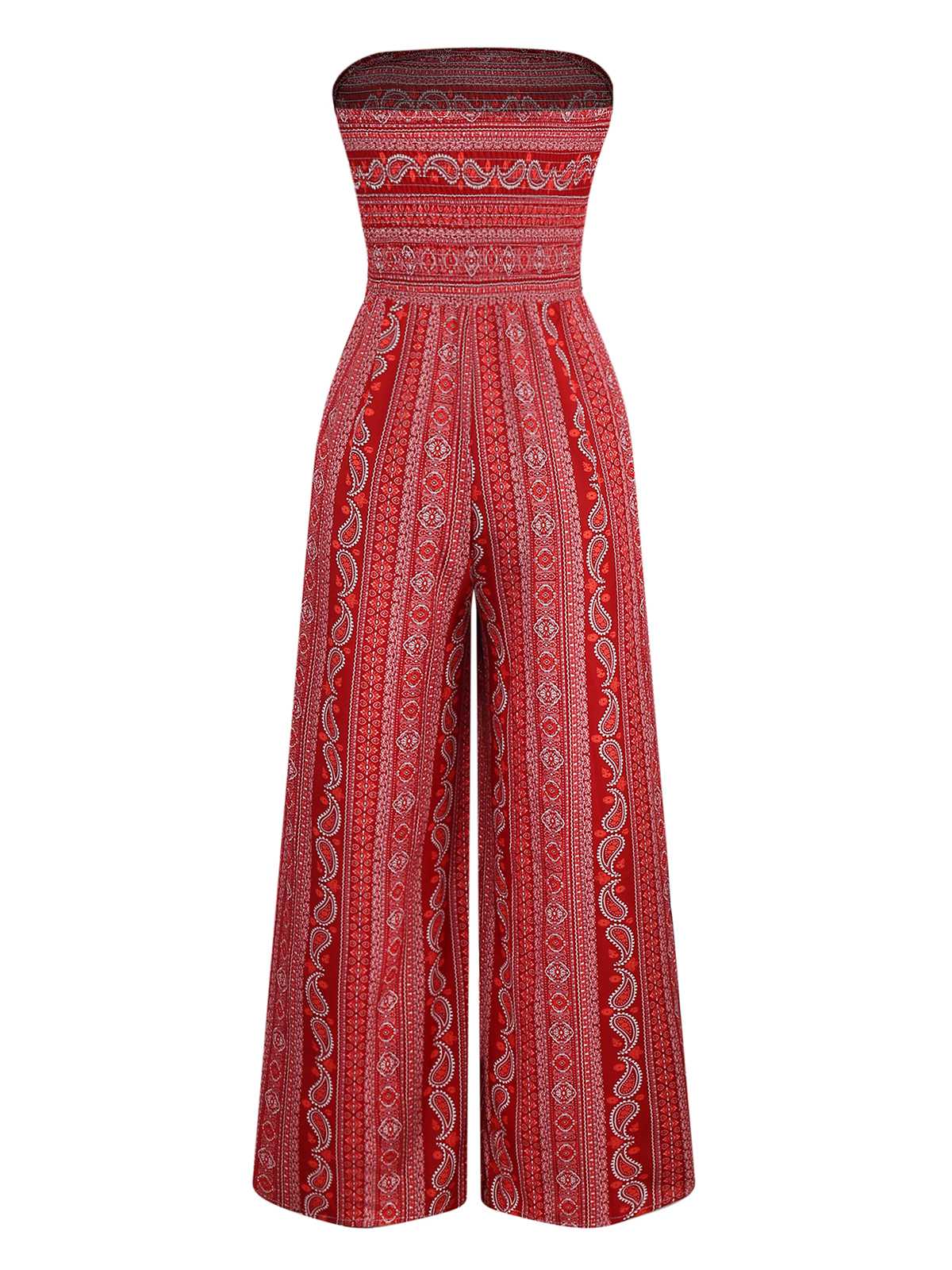 1970s Bohemian Strapless Slit Smocked Jumpsuit - Image 5