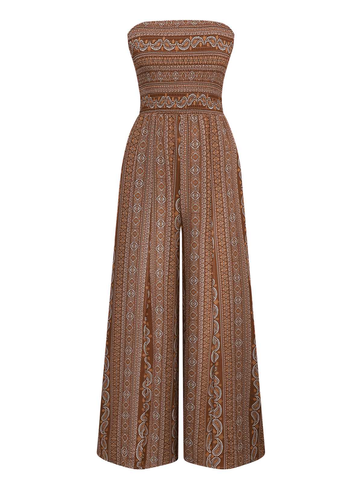 1970s Bohemian Strapless Slit Smocked Jumpsuit - Image 9