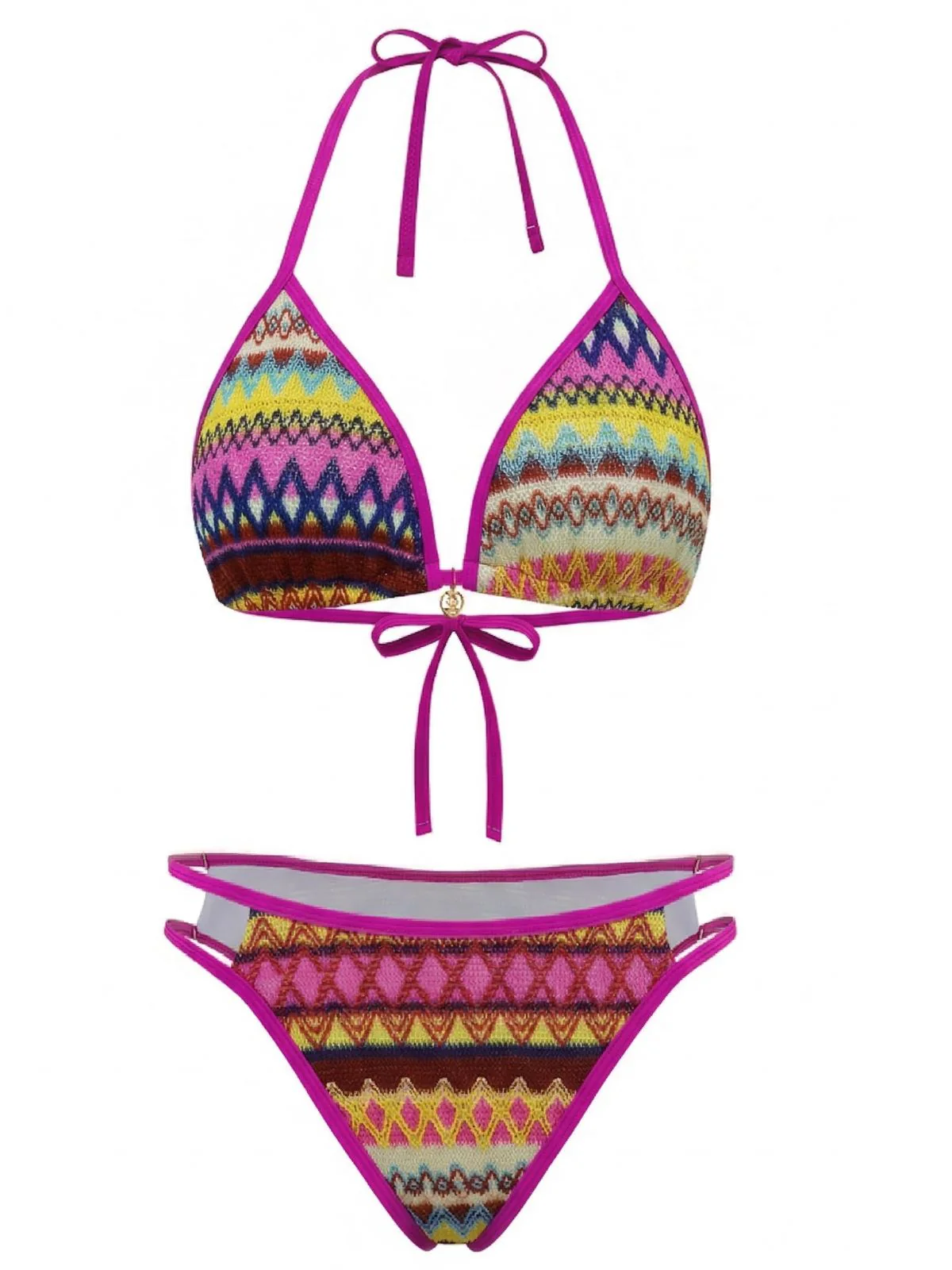 1970s Boho Geometric Knit Halter Bikini Set - Image 10